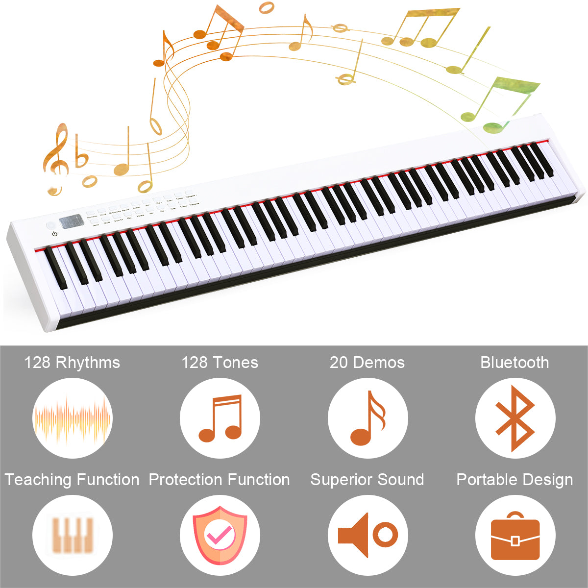 LIVSK Digitale Piano - 88 Toetsen met Gewicht - 128 Ritmes en 128 Tonen - Draagbaar - Inclusief Tas en Pedaal - Wit