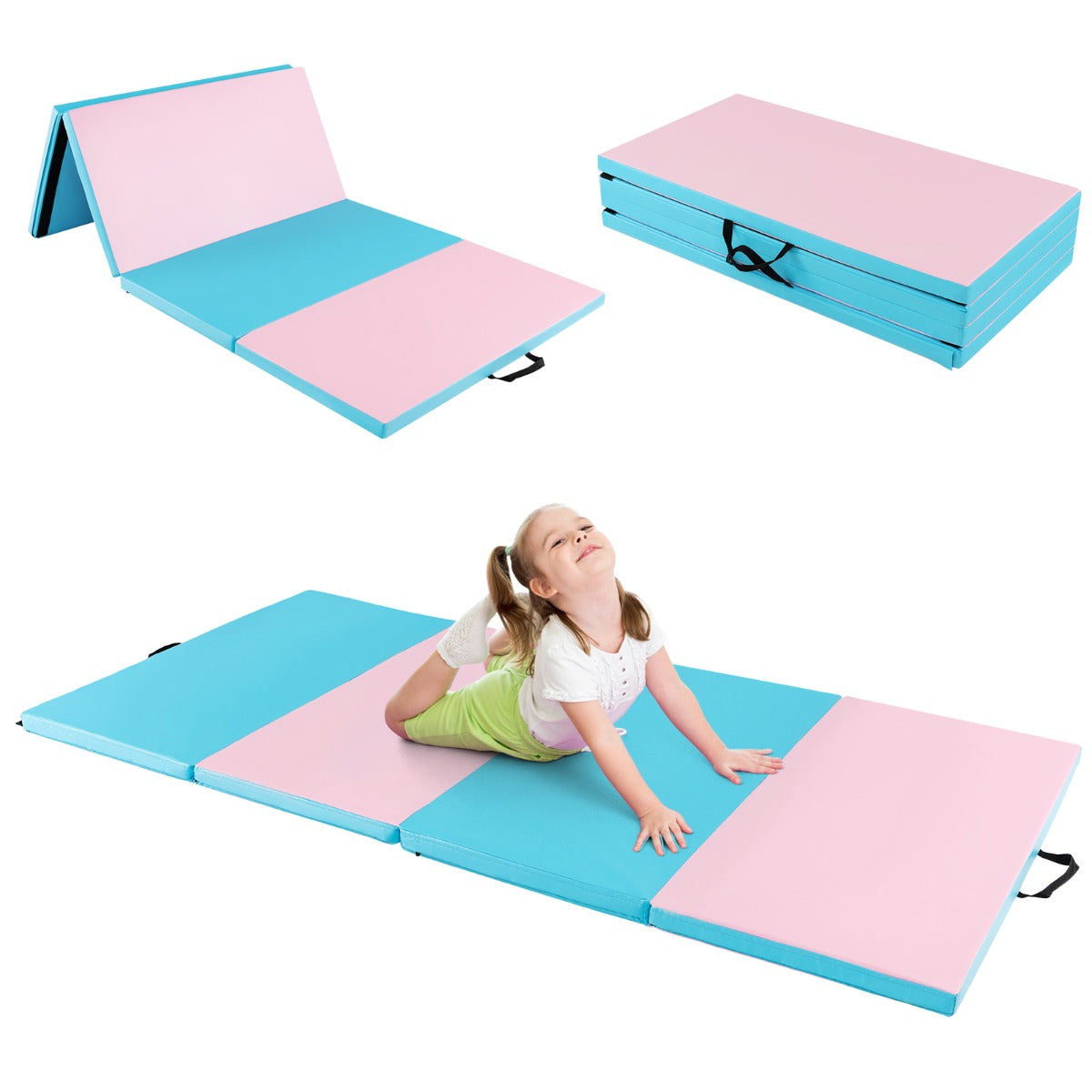 Livsk costway dikke opvouwbare gymnastiekmat schuim en pu trainingsmat met handgrepen voor gymnasten training yoga 240x116x5 cm blauw roze