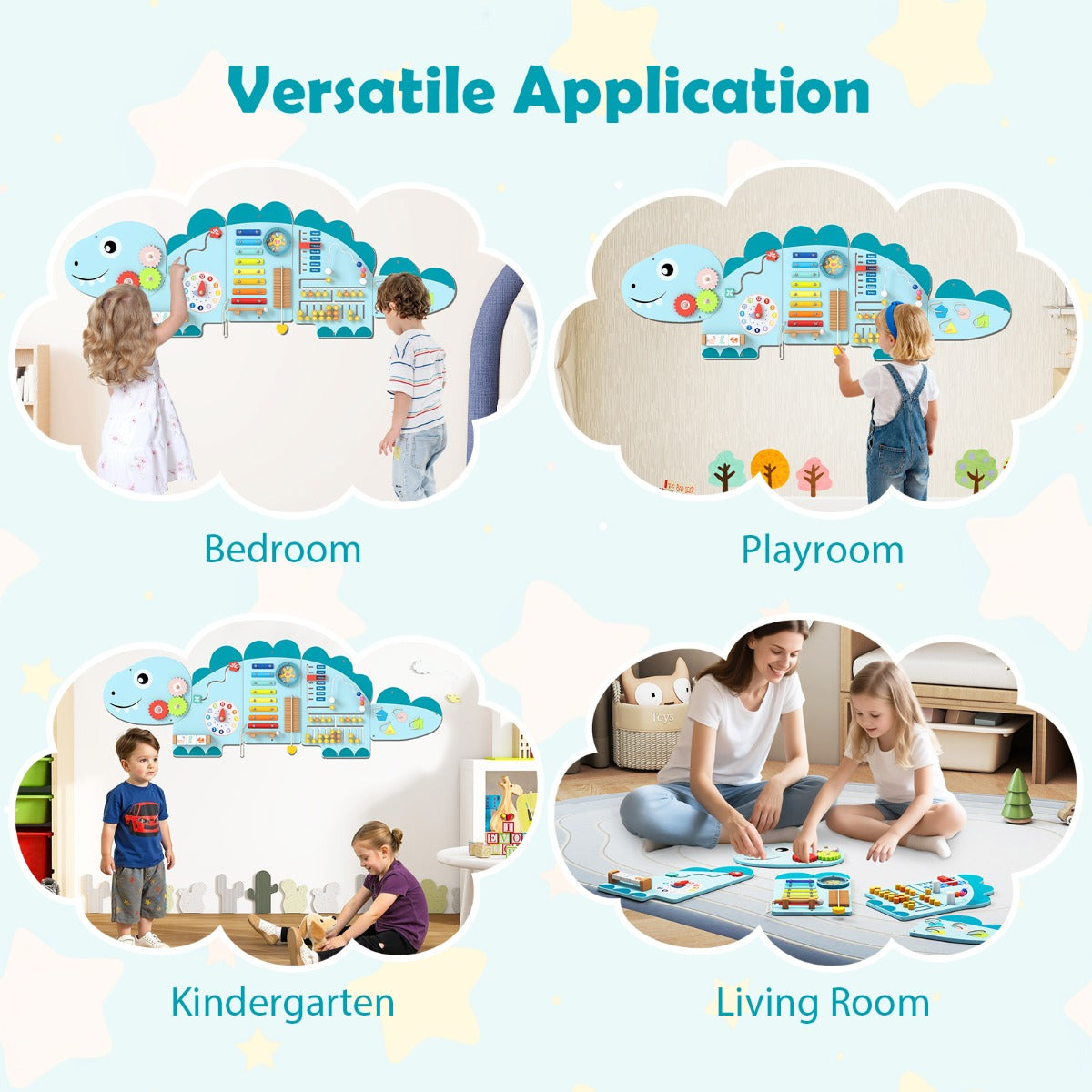 Livsk costway dinosaurus activiteitenwand geschikt voor peuters 11 in 1 montessori houten sensorisch wandspel 4