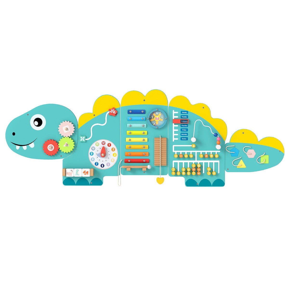 Livsk costway dinosaurus activiteitenwand geschikt voor peuters 11 in 1 montessori houten sensorisch wandspel groen 1 1