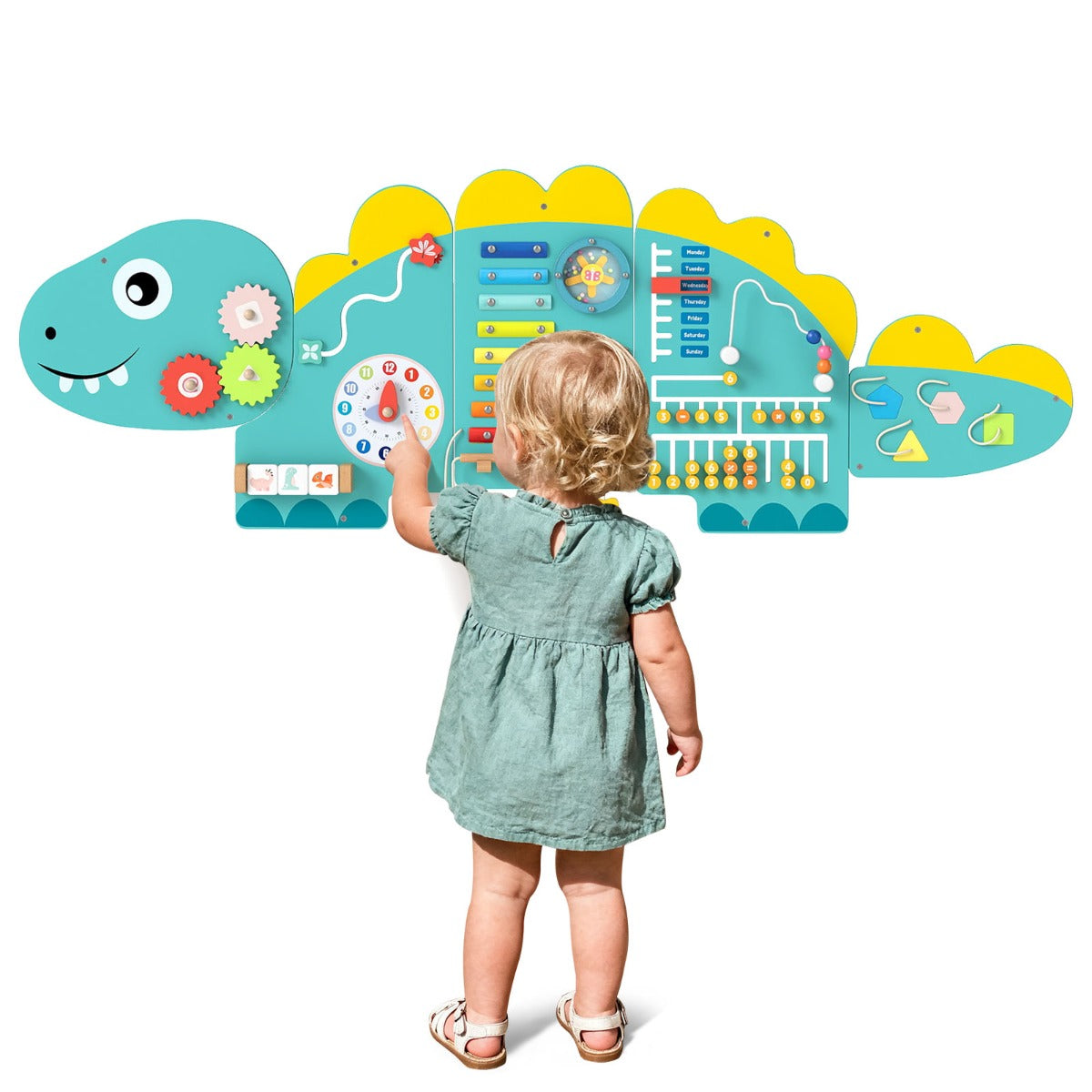 Livsk costway dinosaurus activiteitenwand geschikt voor peuters 11 in 1 montessori houten sensorisch wandspel groen
