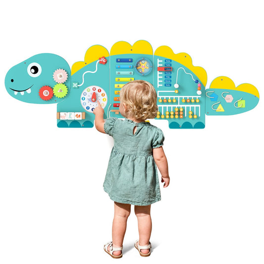 Livsk costway dinosaurus activiteitenwand geschikt voor peuters 11 in 1 montessori houten sensorisch wandspel groen