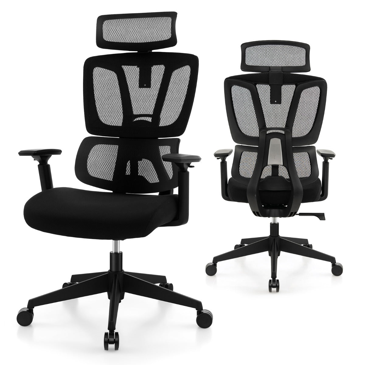LIVSK Ergonomische Bureaustoel - Verstelbare Hoogte 117-126,5 cm - 360° Draaibaar - Lendensteun - Tot 160 kg - Zwart