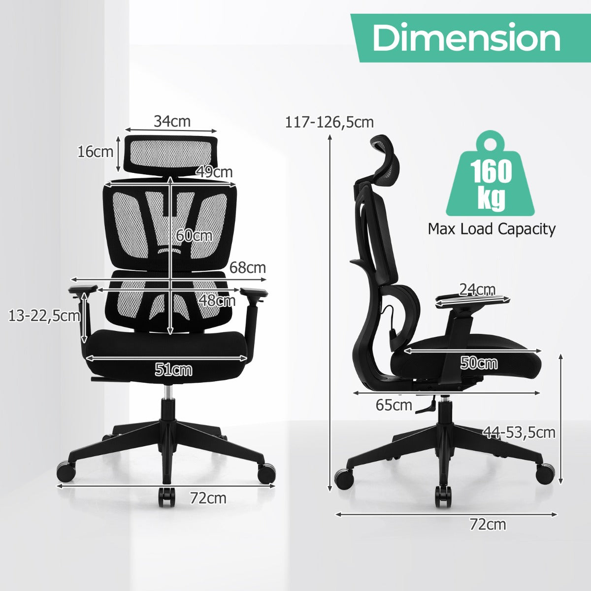 LIVSK Ergonomische Bureaustoel - Verstelbare Hoogte 117-126,5 cm - 360° Draaibaar - Lendensteun - Tot 160 kg - Zwart