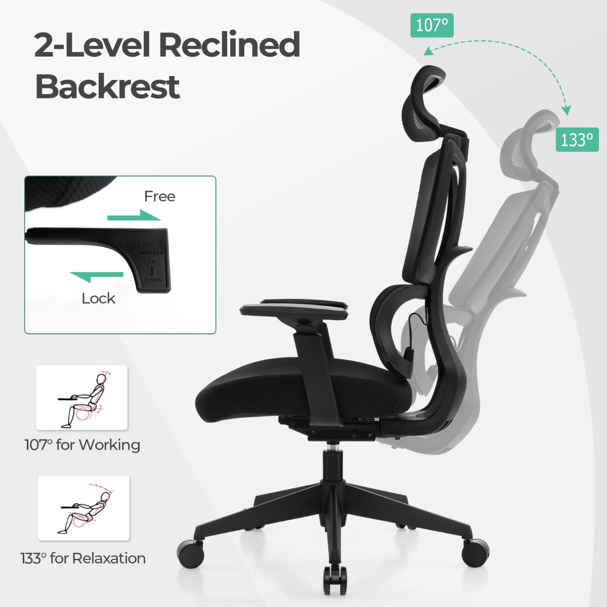 LIVSK Ergonomische Bureaustoel - Verstelbare Hoogte 117-126,5 cm - 360° Draaibaar - Lendensteun - Tot 160 kg - Zwart