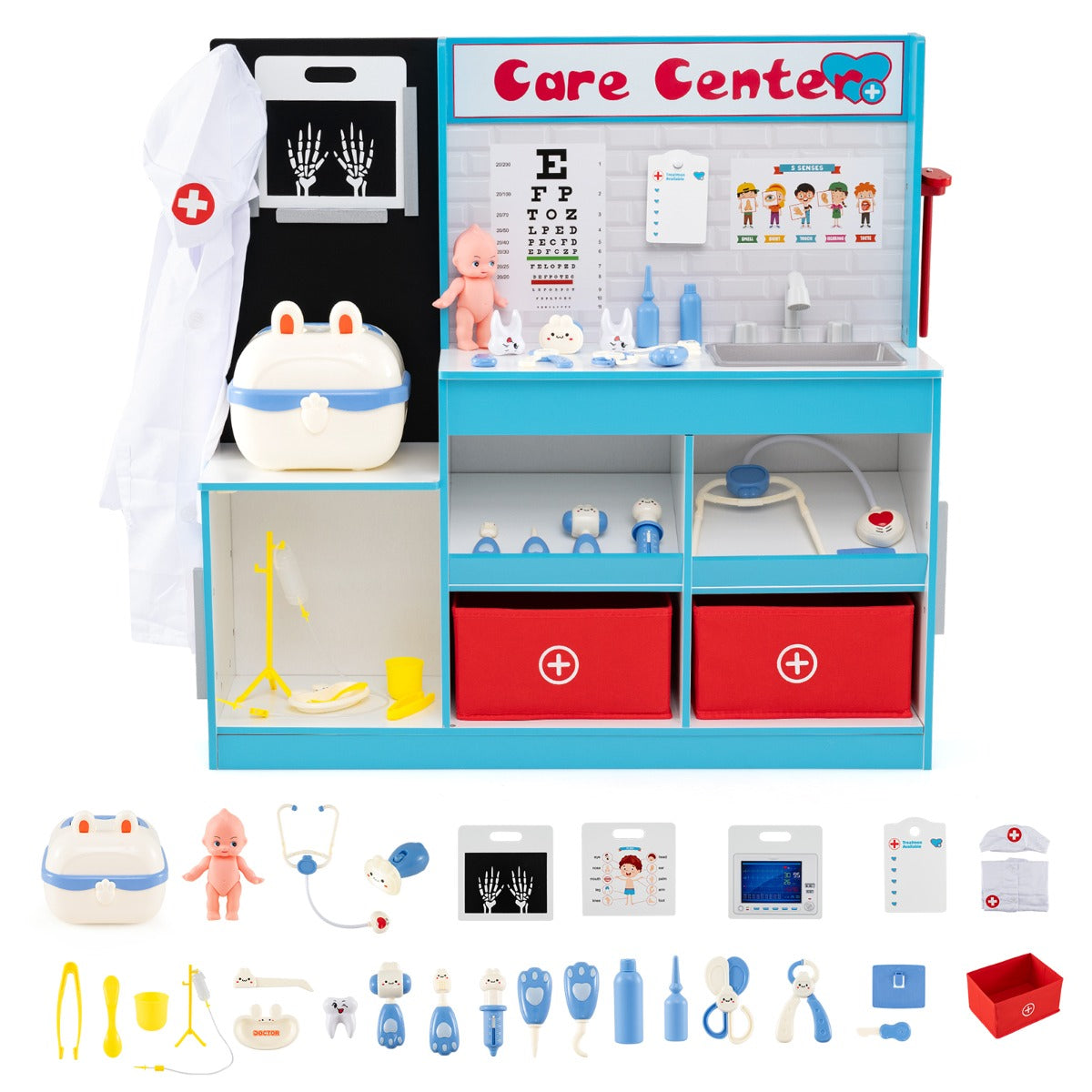 Livsk costway doktersspeelset houten medisch centrum met 29 medische accessoires blauw 1 1
