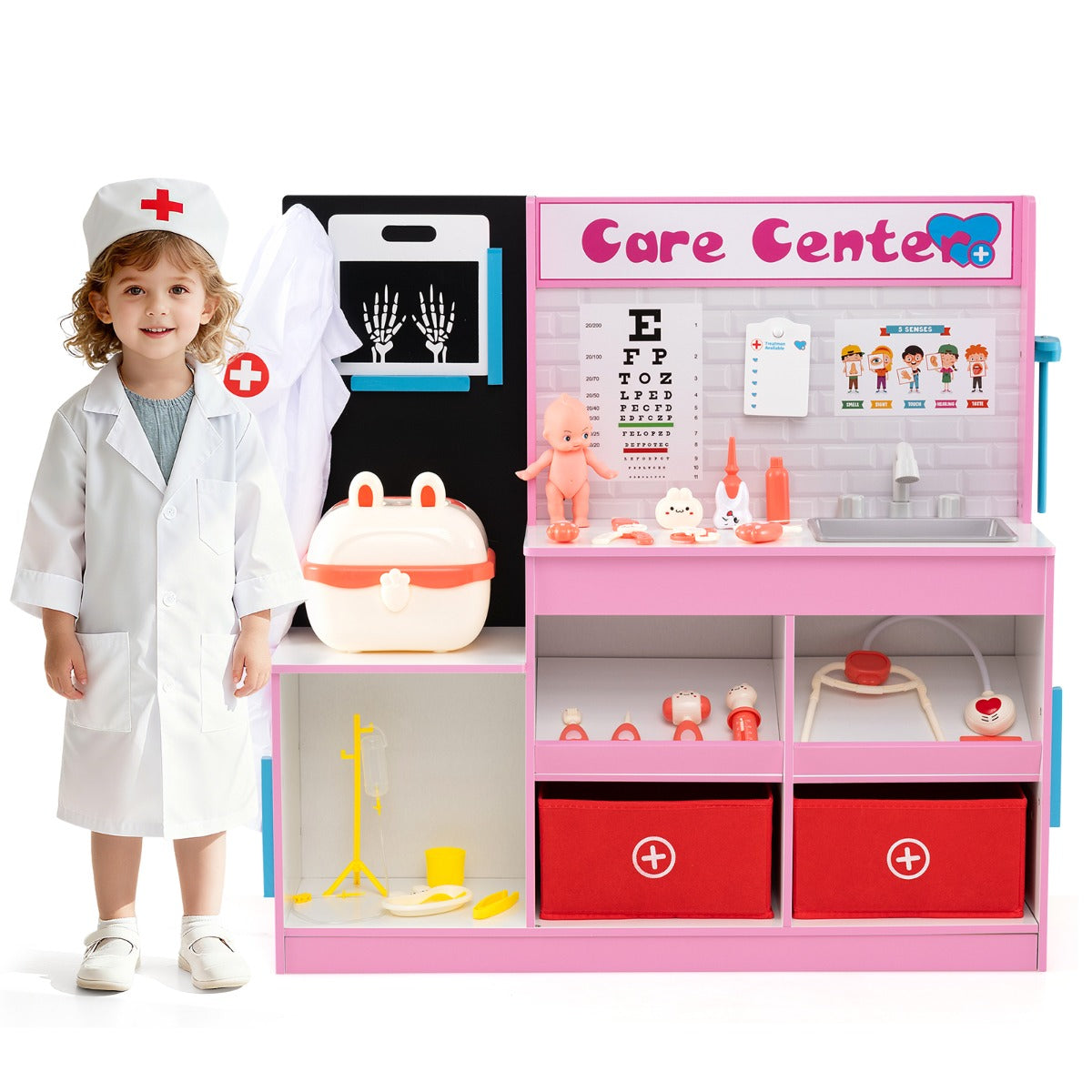 Livsk costway doktersspeelset houten medisch centrum met 29 medische accessoires roze