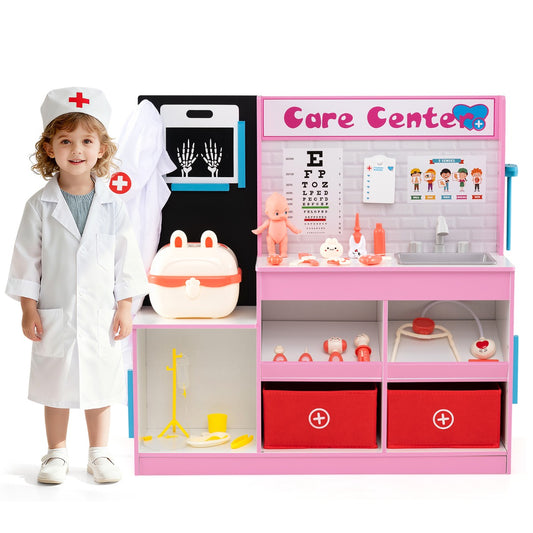 Livsk costway doktersspeelset houten medisch centrum met 29 medische accessoires roze