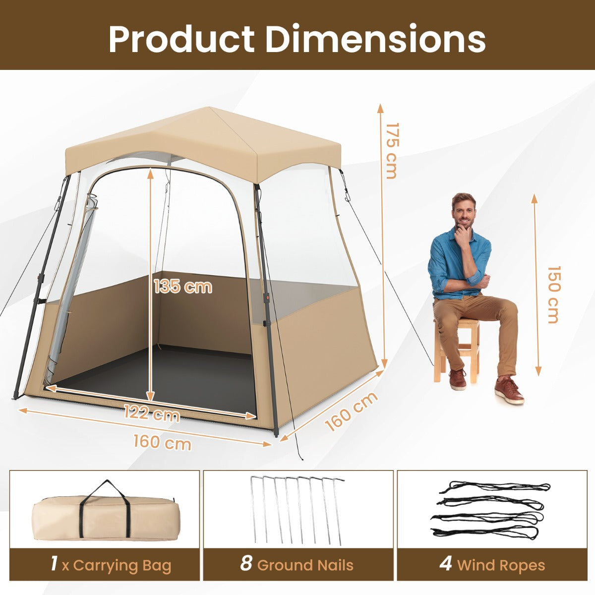 LIVSK Doorzichtige Pop-up Campingtent - Weerbestendig Oxford - Inclusief Draagtas en Accessoires - 160 x 160 x 176 cm - Bruin