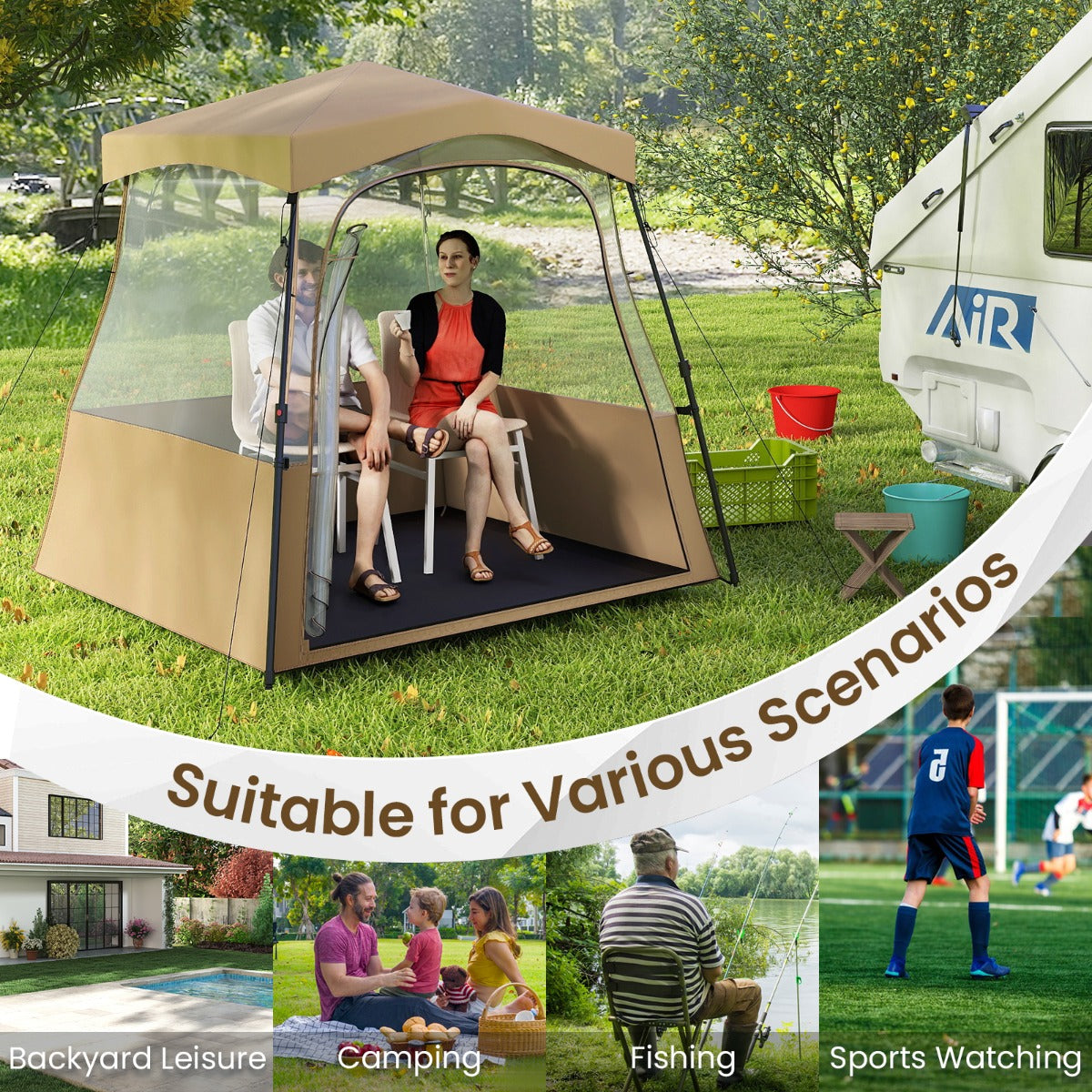 LIVSK Doorzichtige Pop-up Campingtent - Weerbestendig Oxford - Inclusief Draagtas en Accessoires - 160 x 160 x 176 cm - Bruin
