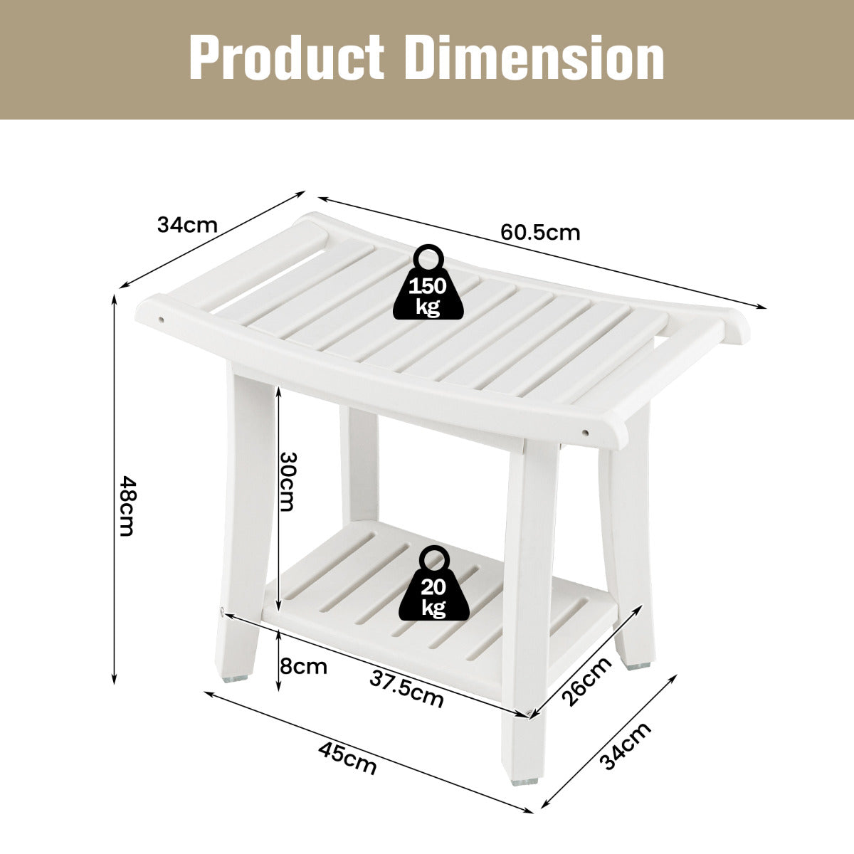 LIVSK Douchebank - Waterdicht HDPE - Ergonomisch Ontwerp - 2 Lagen Opbergruimte - Draagvermogen 150 kg - 60,5 x 34 x 48 cm - Wit