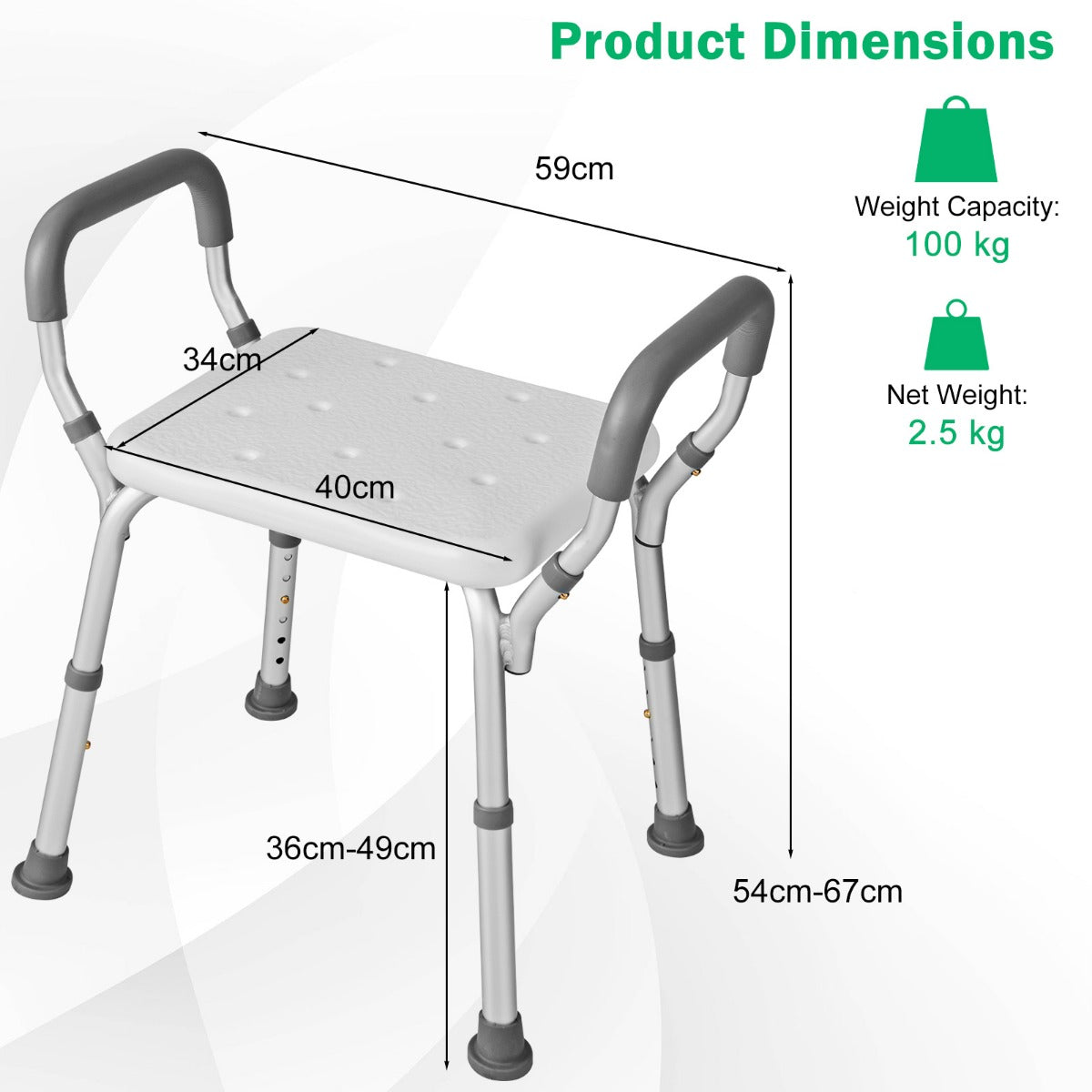 LIVSK Douchestoel Verstelbaar - Lichtgewicht Aluminium - Antislip met Armleuningen - Draagvermogen 100 kg - 59 x 43 x 54-67 cm -