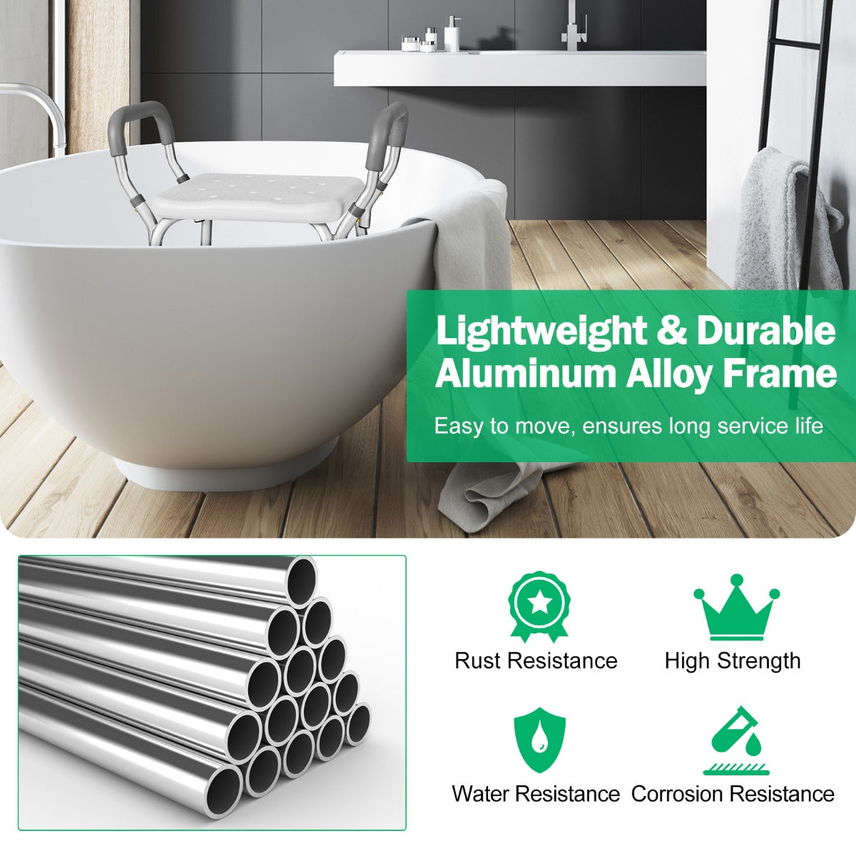 LIVSK Douchestoel Verstelbaar - Lichtgewicht Aluminium - Antislip met Armleuningen - Draagvermogen 100 kg - 59 x 43 x 54-67 cm -