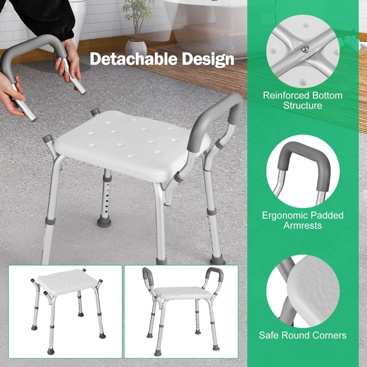 LIVSK Douchestoel Verstelbaar - Lichtgewicht Aluminium - Antislip met Armleuningen - Draagvermogen 100 kg - 59 x 43 x 54-67 cm -