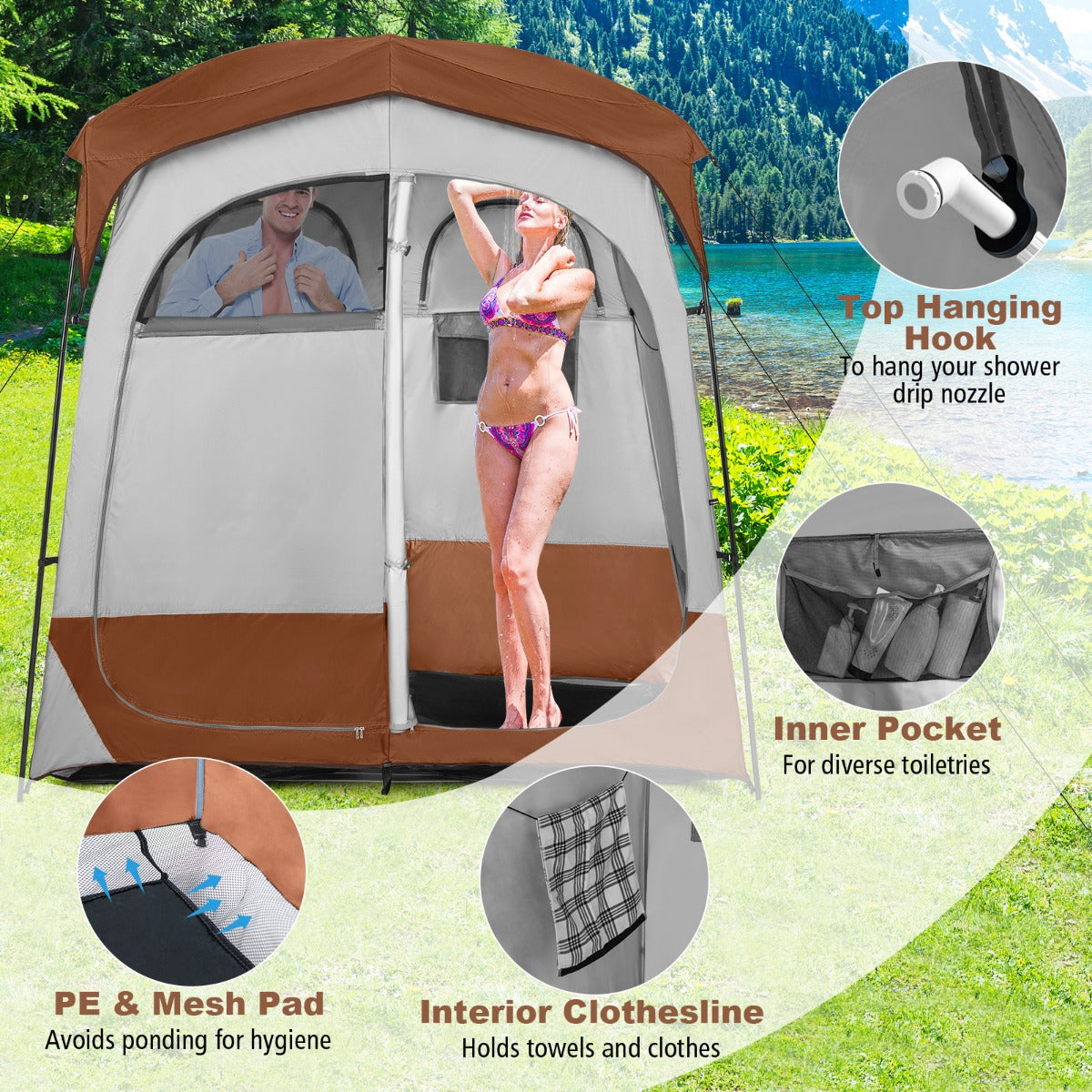 LIVSK Douchetent met Afneembare Regenkap - 2 Kamers - Binnendeur - Handige Opbergruimte - Weerbestendig - 210 x 107 x 210 cm -