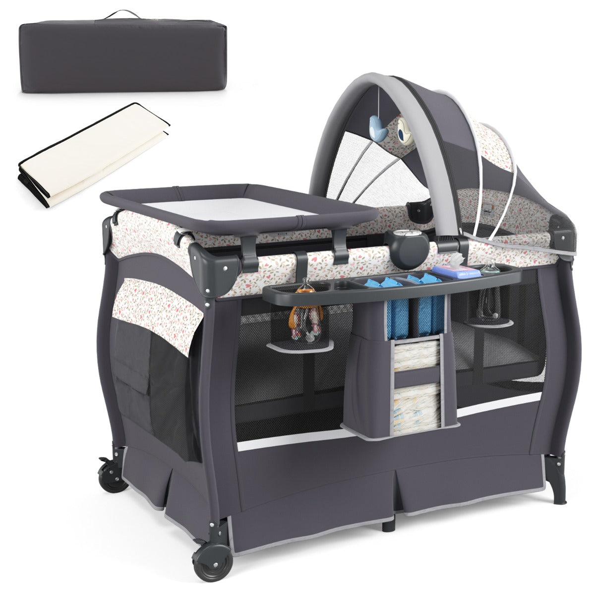 LIVSK 4-in-1 Babybedje met Wieg en Verschoontafel - Opvouwbaar en Draagbaar - Veilig Metalen Frame - Geschikt tot 15 kg - Grijs