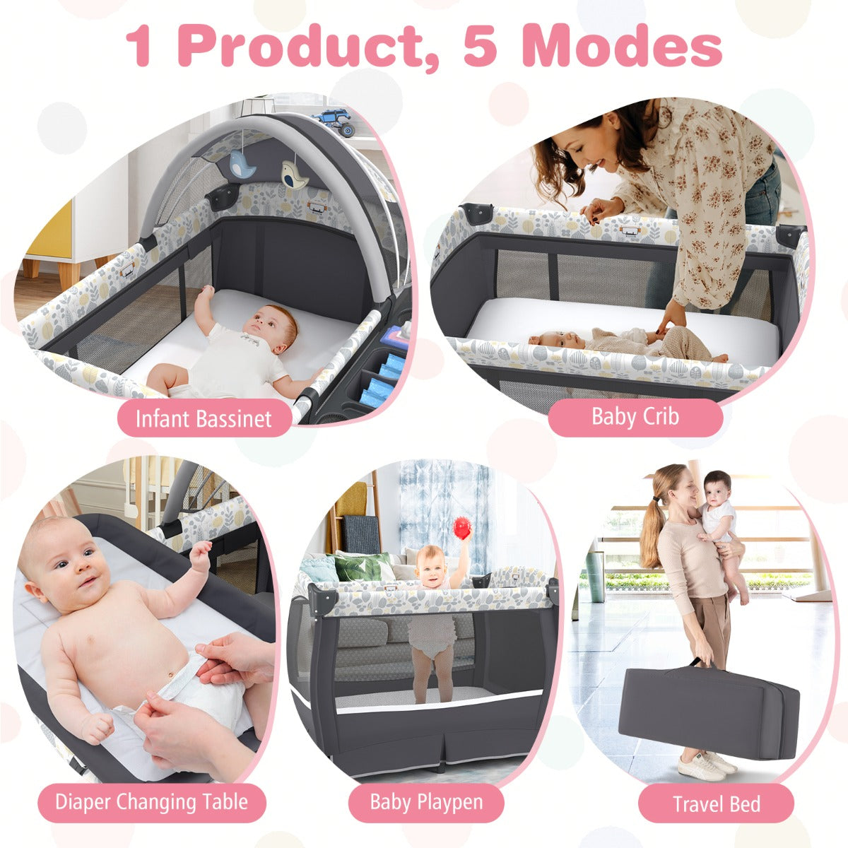 LIVSK Draagbaar 4-in-1 Babybedje - Verstelbaar Dak - Opbergrekje - Muziekdoosje - Tot 15 kg - Zwart/Grijs