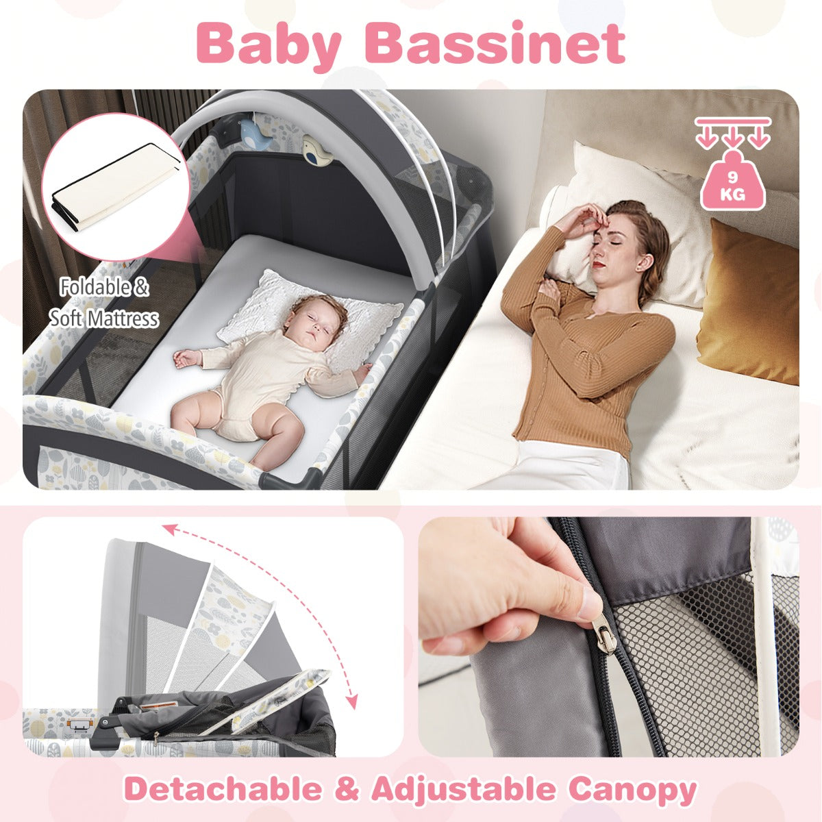 LIVSK Draagbaar 4-in-1 Babybedje - Verstelbaar Dak - Opbergrekje - Muziekdoosje - Tot 15 kg - Zwart/Grijs