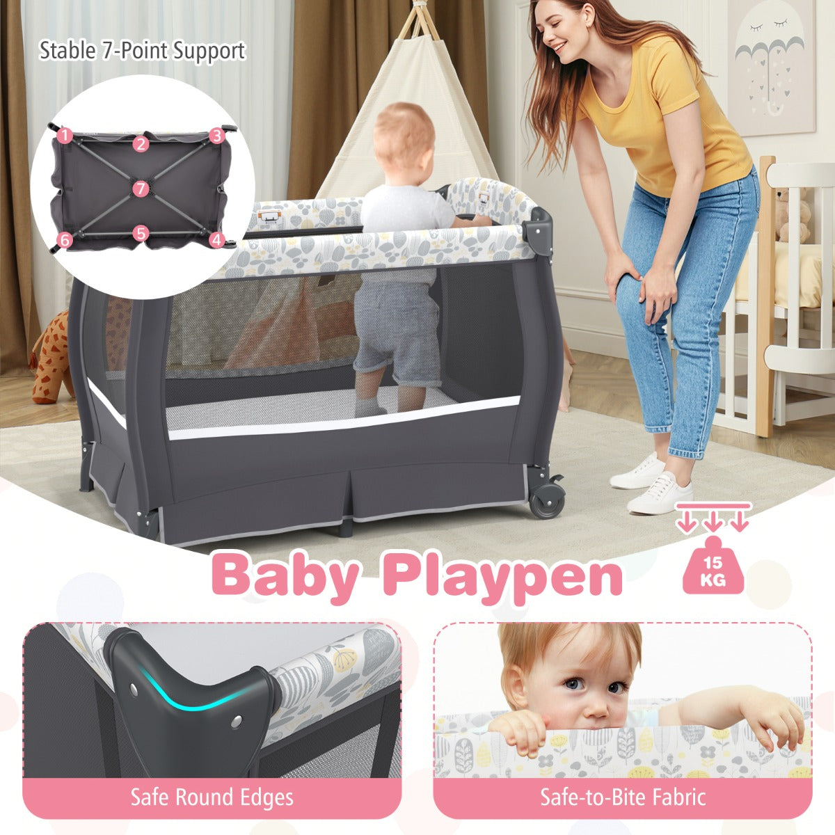 LIVSK Draagbaar 4-in-1 Babybedje - Verstelbaar Dak - Opbergrekje - Muziekdoosje - Tot 15 kg - Zwart/Grijs