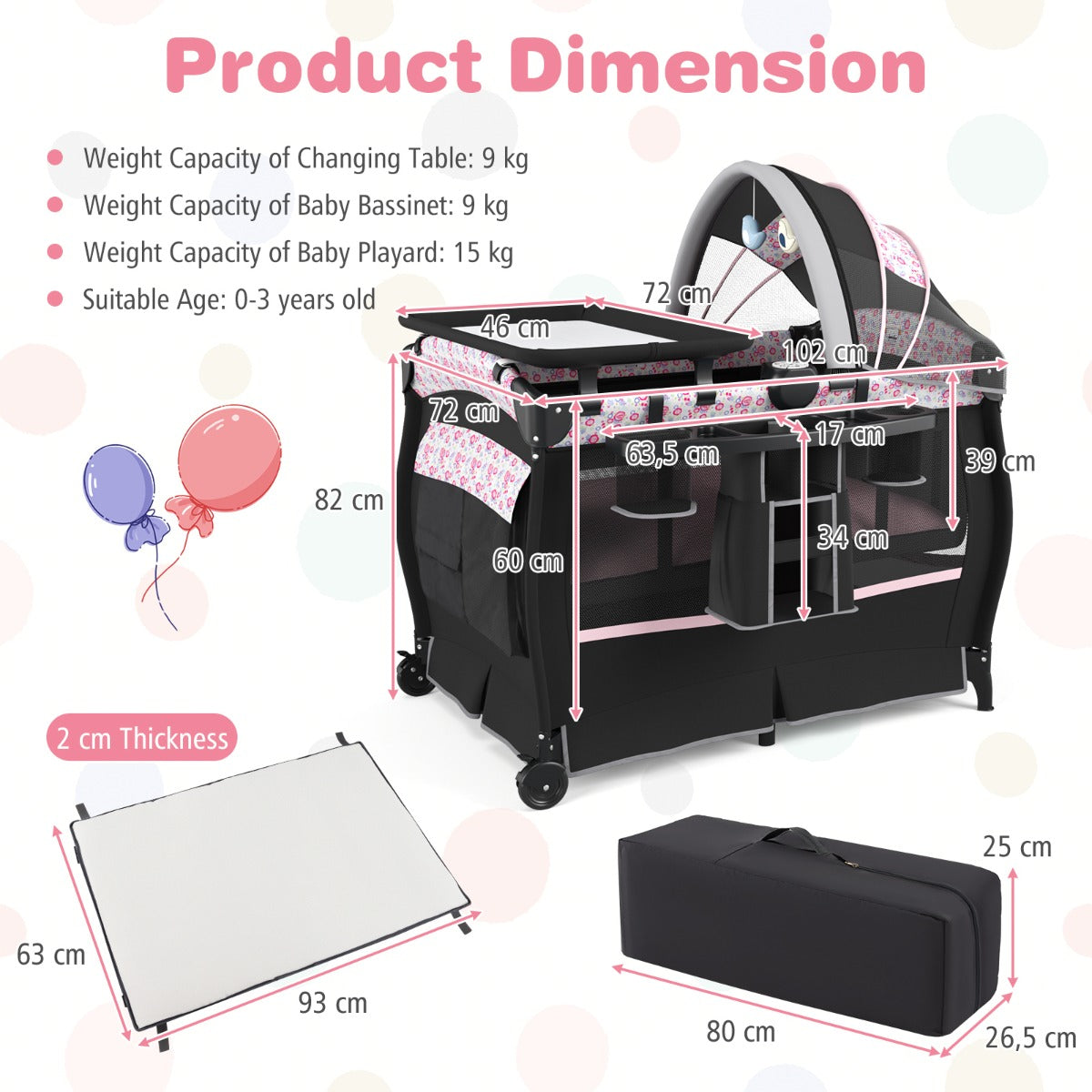 LIVSK 4-in-1 Babybedje - Verstelbaar Dak - Muziekdoosje - Opbergrekje - Draagbaar - Tot 15 kg - Zwart/Grijs