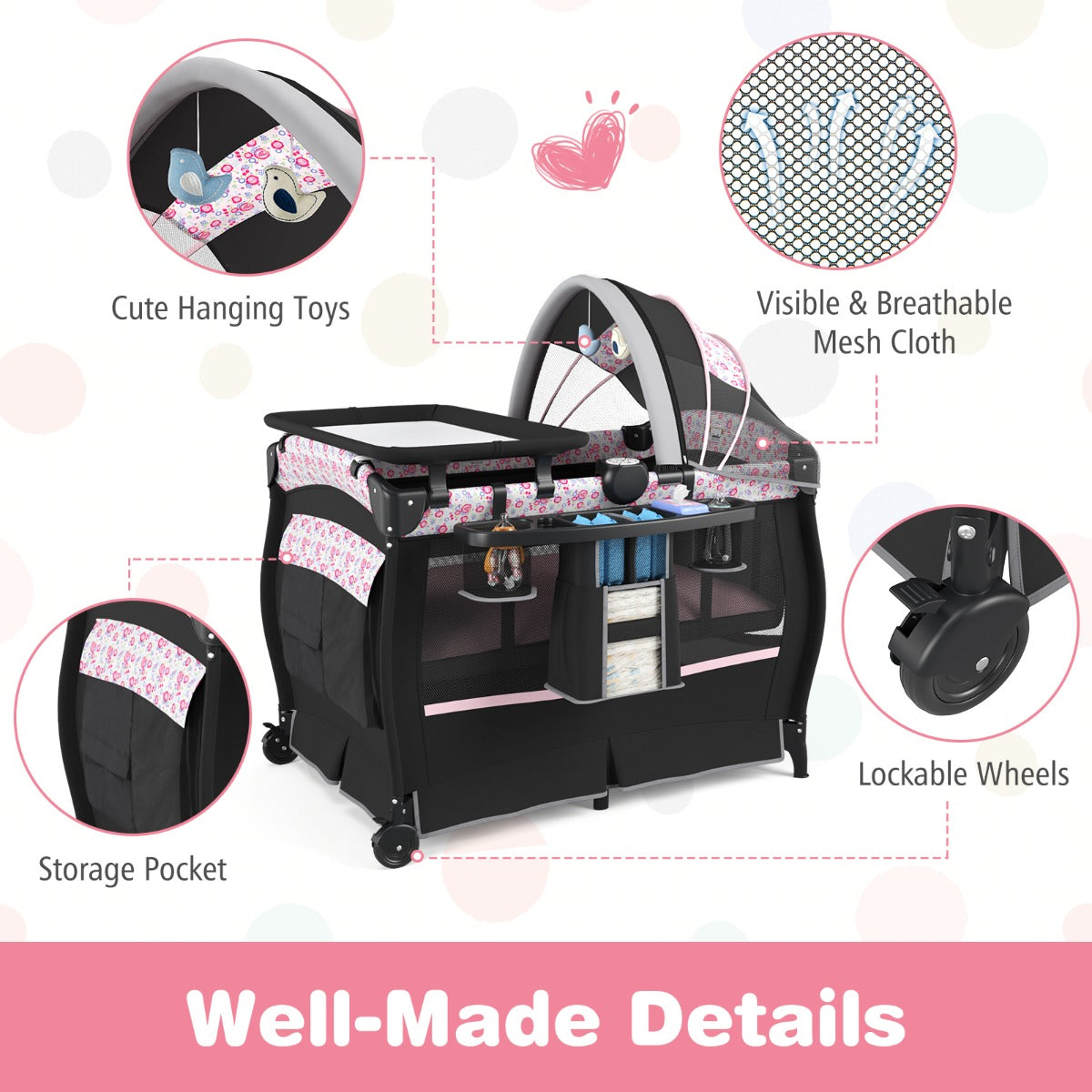 LIVSK 4-in-1 Babybedje - Verstelbaar Dak - Muziekdoosje - Opbergrekje - Draagbaar - Tot 15 kg - Zwart/Grijs
