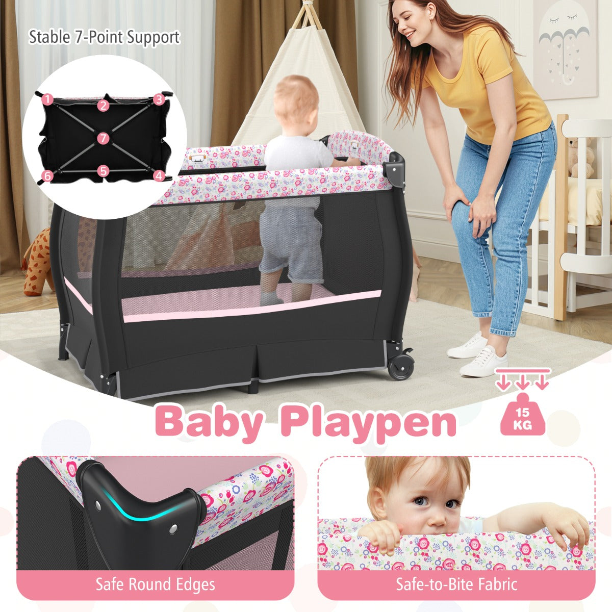 LIVSK 4-in-1 Babybedje - Verstelbaar Dak - Muziekdoosje - Opbergrekje - Draagbaar - Tot 15 kg - Zwart/Grijs