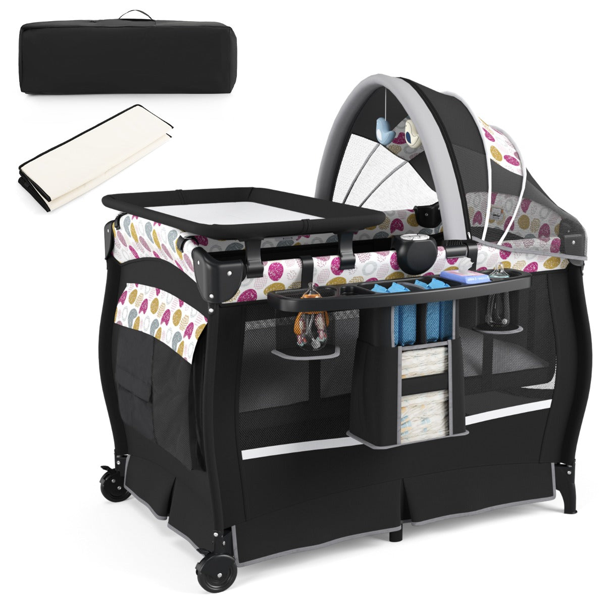 LIVSK 4-in-1 Babycentrum - Draagbaar Babybedje, Verschoontafel en Box - Opvouwbaar met Draagtas - Tot 15 kg - Zwart/Grijs