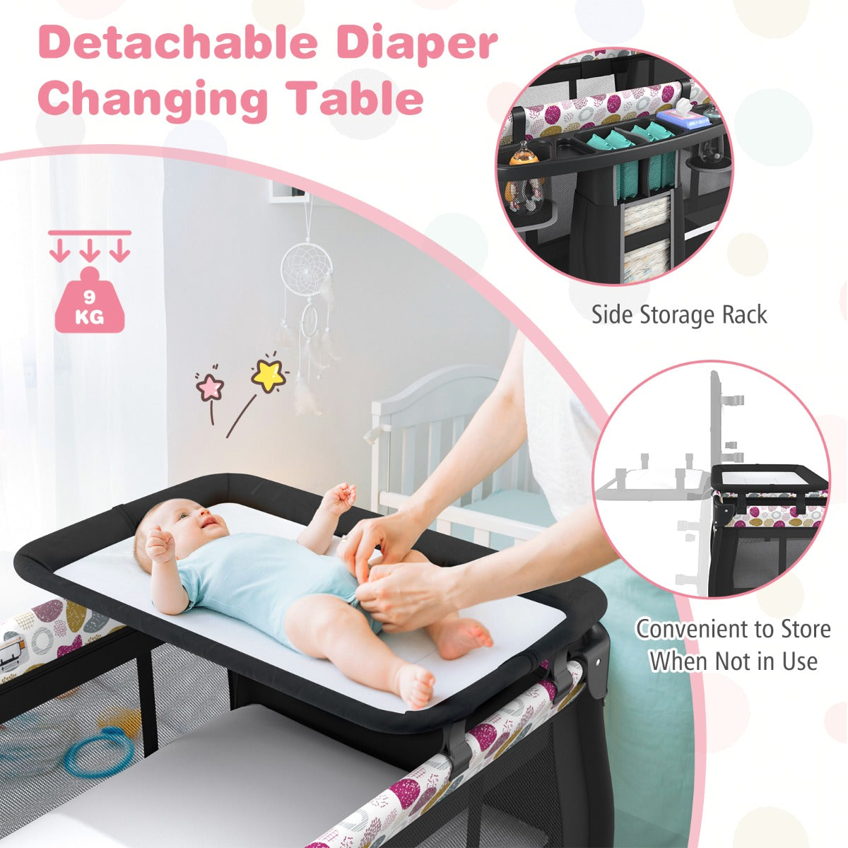 LIVSK 4-in-1 Babycentrum - Draagbaar Babybedje, Verschoontafel en Box - Opvouwbaar met Draagtas - Tot 15 kg - Zwart/Grijs