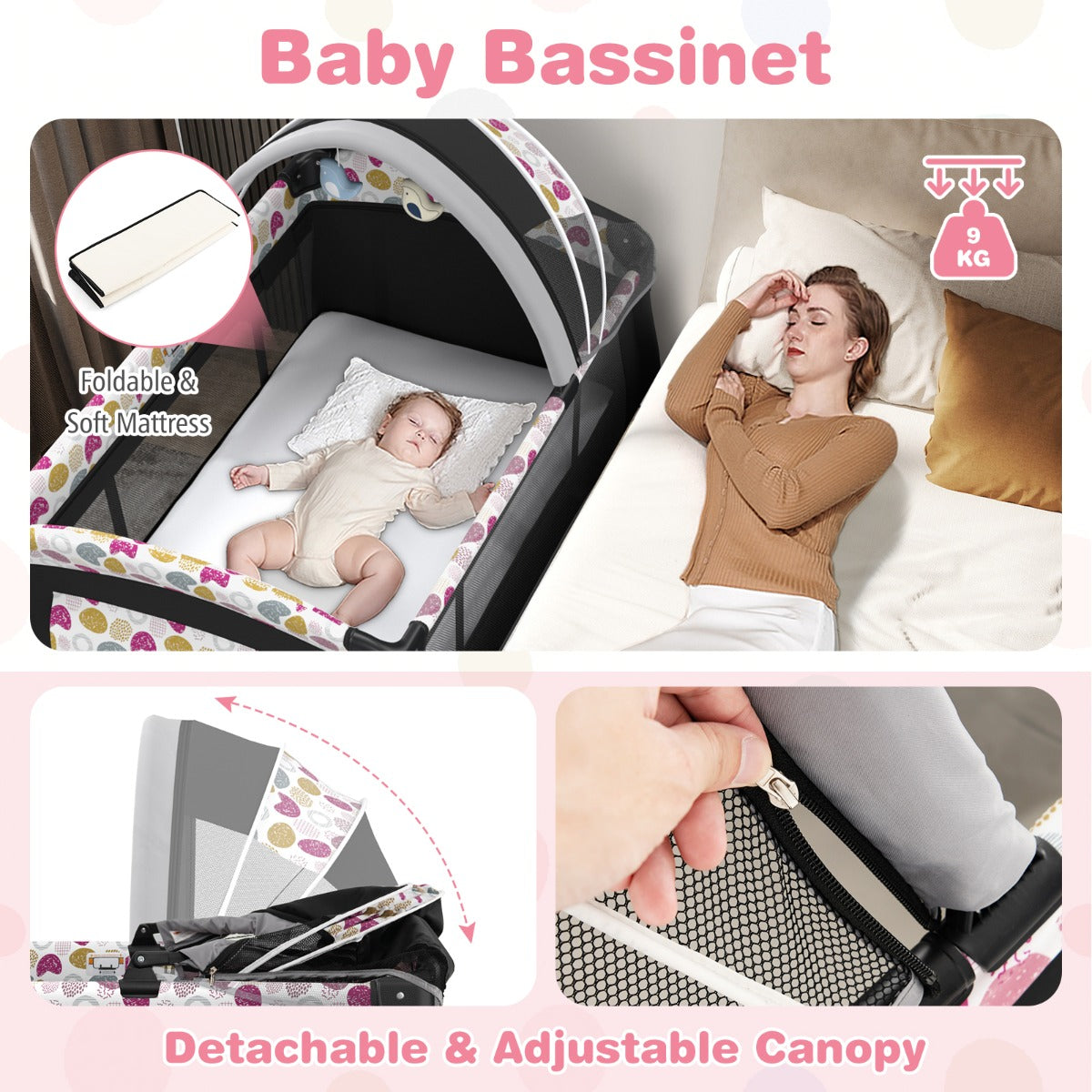 LIVSK 4-in-1 Babycentrum - Draagbaar Babybedje, Verschoontafel en Box - Opvouwbaar met Draagtas - Tot 15 kg - Zwart/Grijs