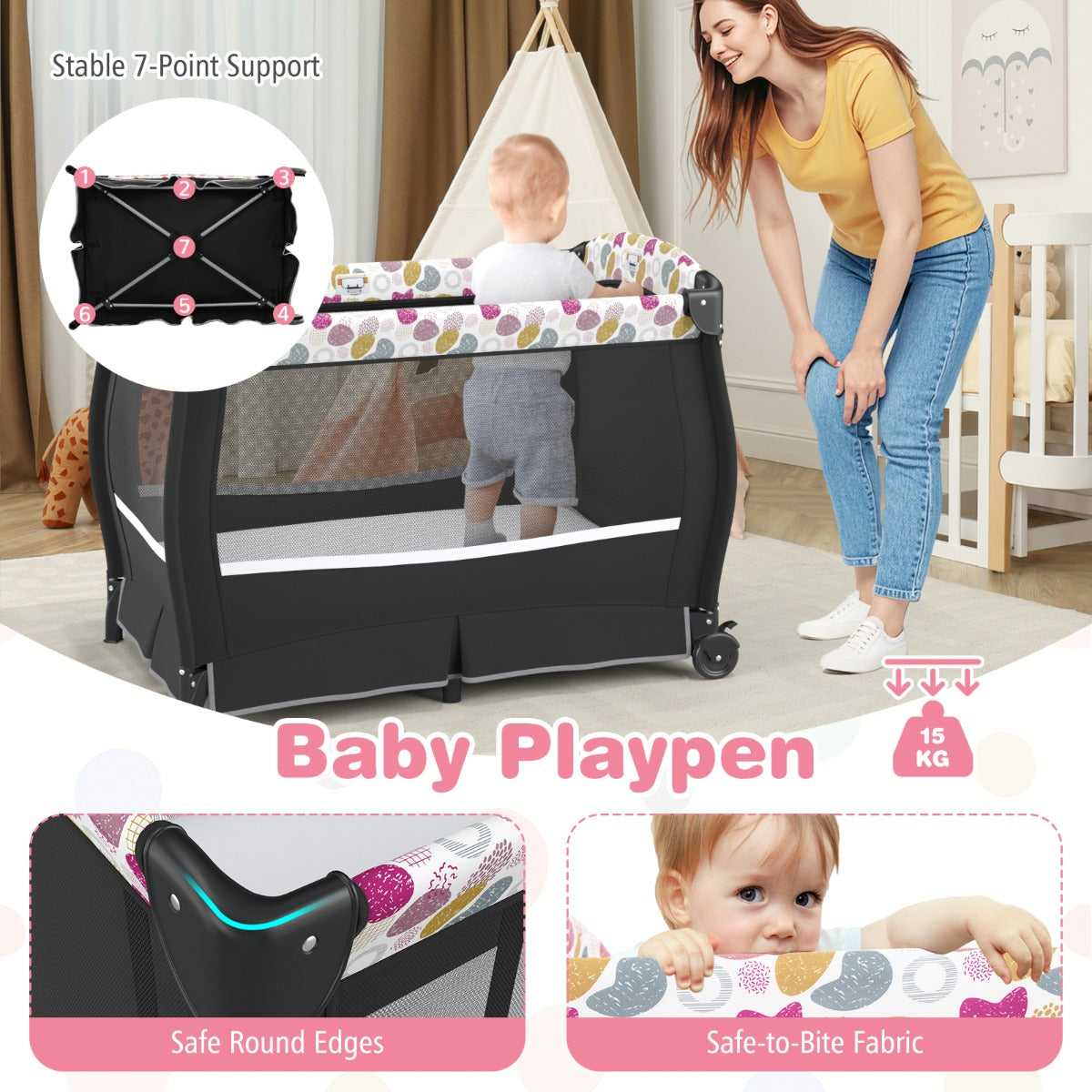 LIVSK 4-in-1 Babycentrum - Draagbaar Babybedje, Verschoontafel en Box - Opvouwbaar met Draagtas - Tot 15 kg - Zwart/Grijs