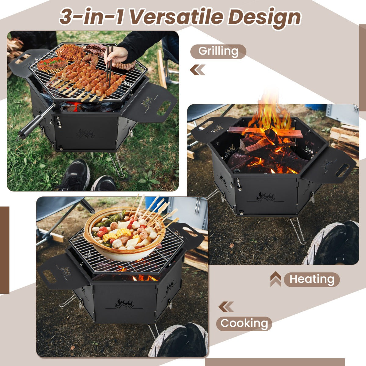 LIVSK 3-in-1 Houtskoolfornuis - Inklapbaar - Duurzaam Koolstofstaal - Draagbaar - Voor Grillen en Koken - Zwart