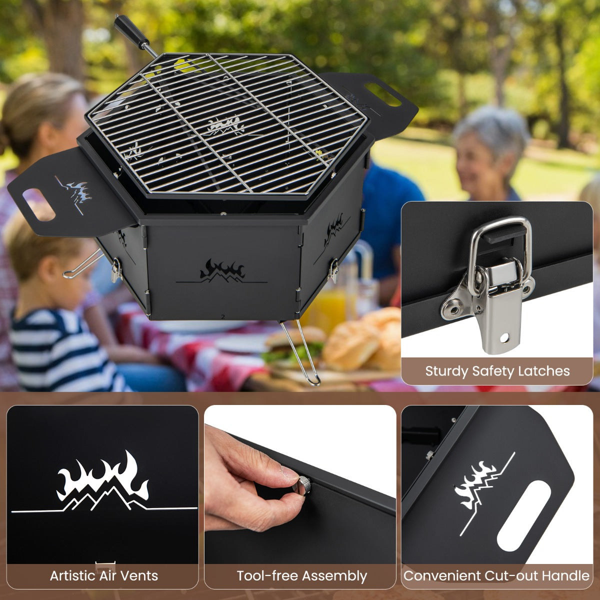LIVSK 3-in-1 Houtskoolfornuis - Inklapbaar - Duurzaam Koolstofstaal - Draagbaar - Voor Grillen en Koken - Zwart