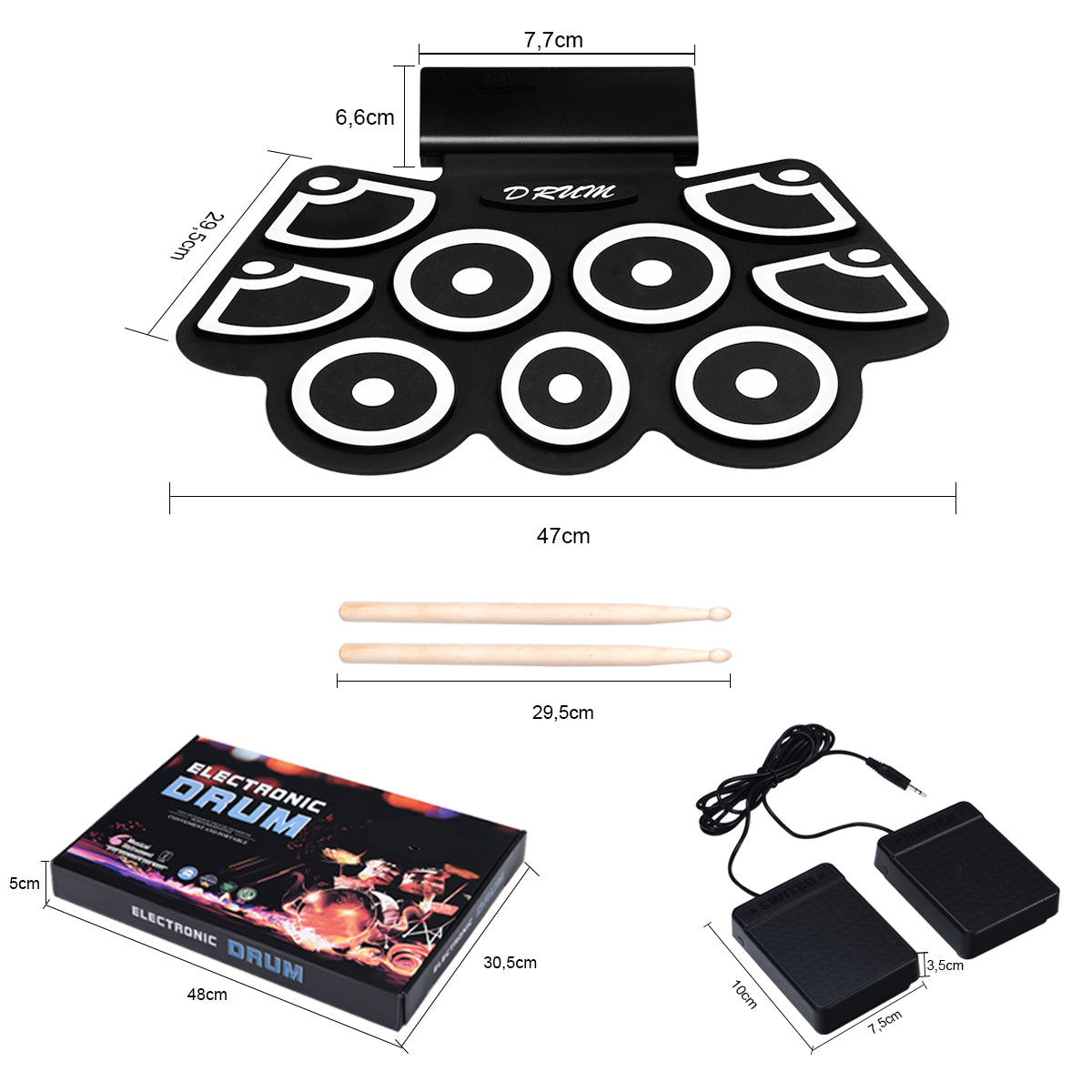 LIVSK Digitale Drumset - 7 Drumgeluiden - Bluetooth en USB - Opvouwbaar - Inclusief Voetpedalen - Draagbaar - Zwart
