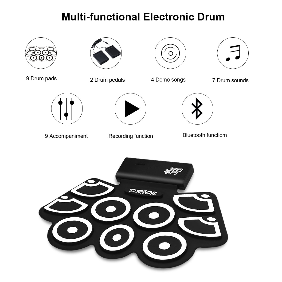 LIVSK Digitale Drumset - 7 Drumgeluiden - Bluetooth en USB - Opvouwbaar - Inclusief Voetpedalen - Draagbaar - Zwart