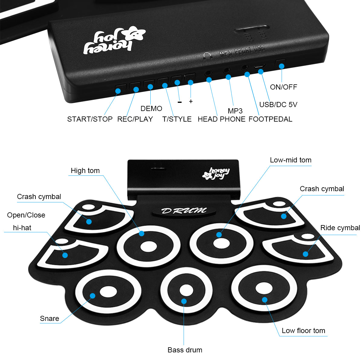 LIVSK Digitale Drumset - 7 Drumgeluiden - Bluetooth en USB - Opvouwbaar - Inclusief Voetpedalen - Draagbaar - Zwart