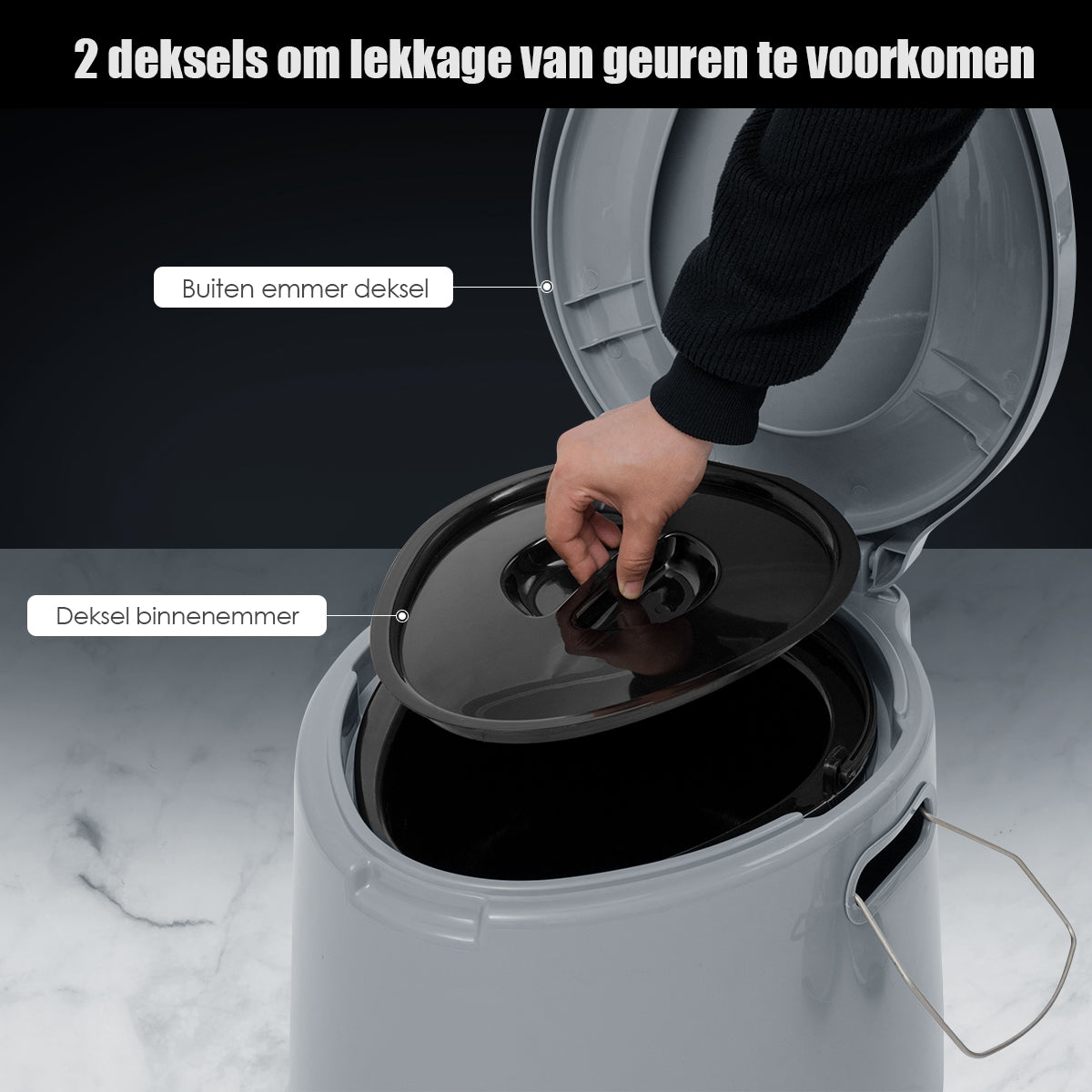 LIVSK Draagbaar Toilet - Lichtgewicht en Compact - Verwijderbare Binnenemmer - Afneembare Toiletpapierhouder - Grijs
