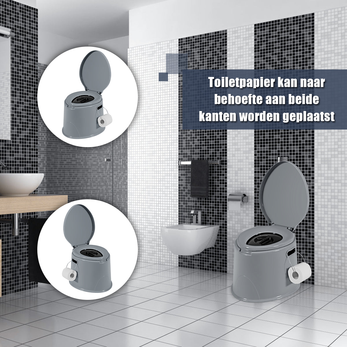 LIVSK Draagbaar Toilet - Lichtgewicht en Compact - Verwijderbare Binnenemmer - Afneembare Toiletpapierhouder - Grijs