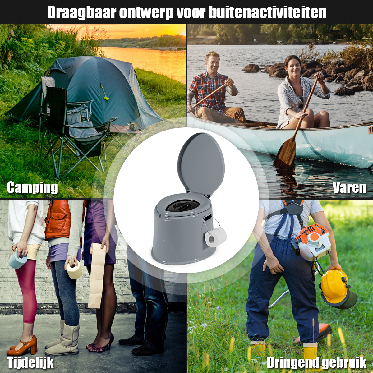 LIVSK Draagbaar Toilet - Lichtgewicht en Compact - Verwijderbare Binnenemmer - Afneembare Toiletpapierhouder - Grijs