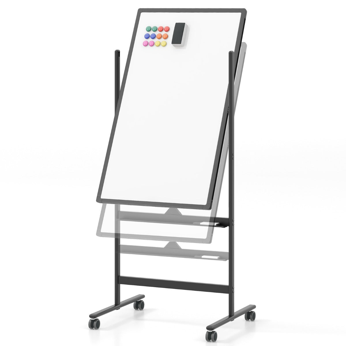 LIVSK Verstelbaar Whiteboard - Omkeerbaar en Draagbaar - Hoogte 155,5-183,5 cm - 360° Draaibaar - Inclusief Accessoires - Zwart