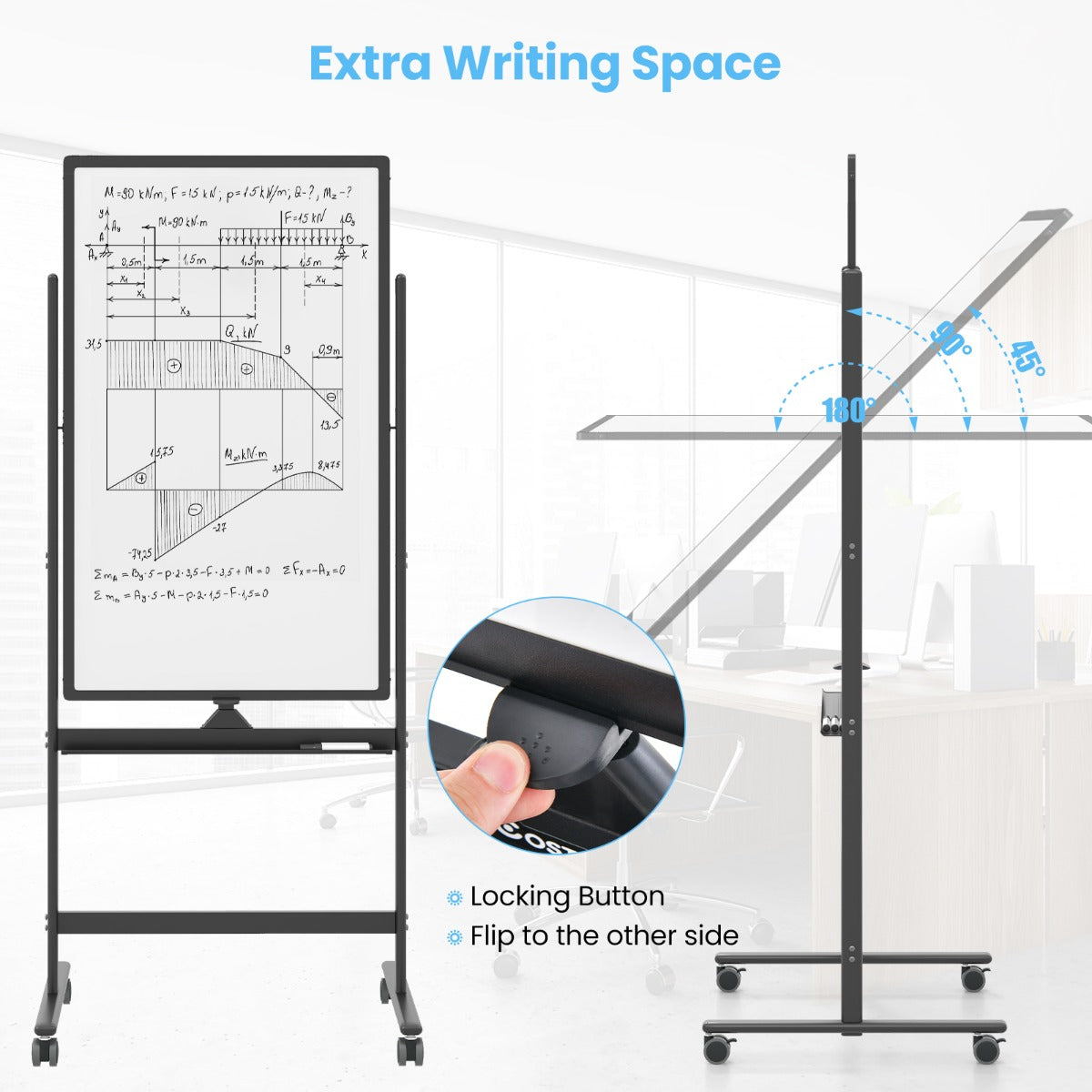 LIVSK Verstelbaar Whiteboard - Omkeerbaar en Draagbaar - Hoogte 155,5-183,5 cm - 360° Draaibaar - Inclusief Accessoires - Zwart