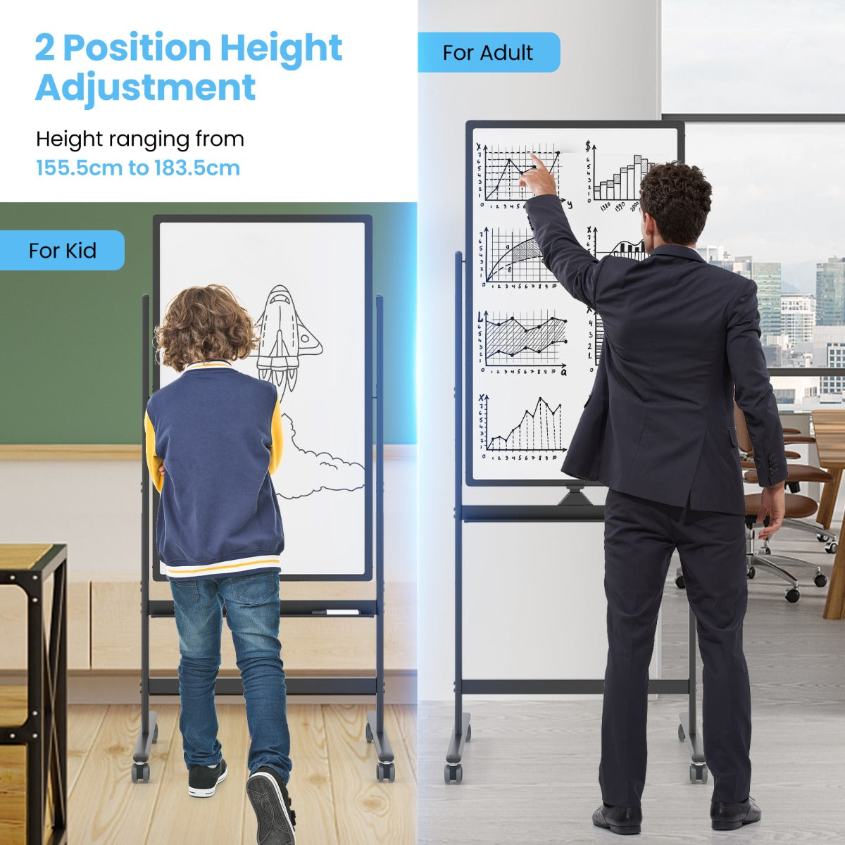LIVSK Verstelbaar Whiteboard - Omkeerbaar en Draagbaar - Hoogte 155,5-183,5 cm - 360° Draaibaar - Inclusief Accessoires - Zwart