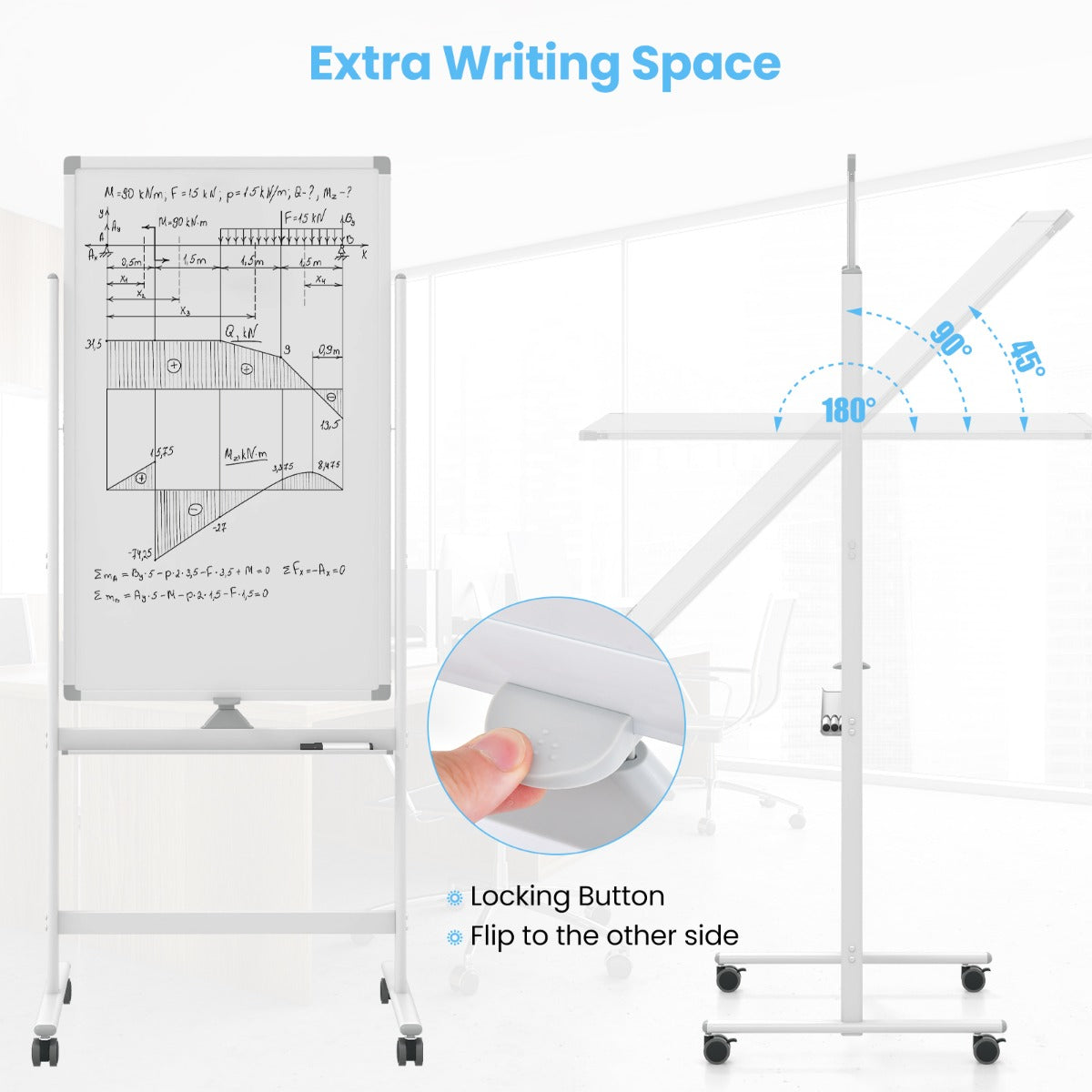 LIVSK Verstelbaar Whiteboard - Omkeerbaar met Vergrendelknop - Hoogte 155,5-183,5 cm - Stevig Aluminium Frame - Wit
