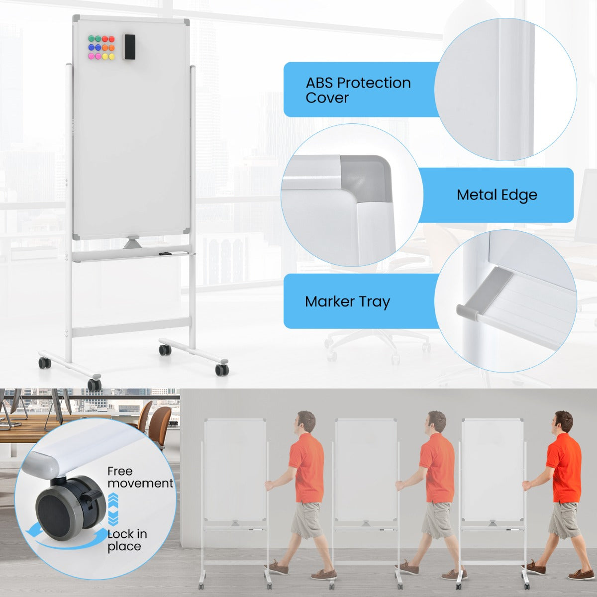 LIVSK Verstelbaar Whiteboard - Omkeerbaar met Vergrendelknop - Hoogte 155,5-183,5 cm - Stevig Aluminium Frame - Wit