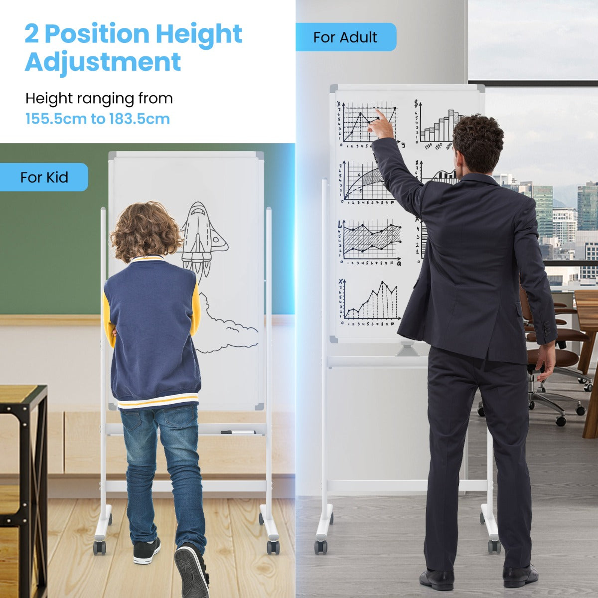 LIVSK Verstelbaar Whiteboard - Omkeerbaar met Vergrendelknop - Hoogte 155,5-183,5 cm - Stevig Aluminium Frame - Wit