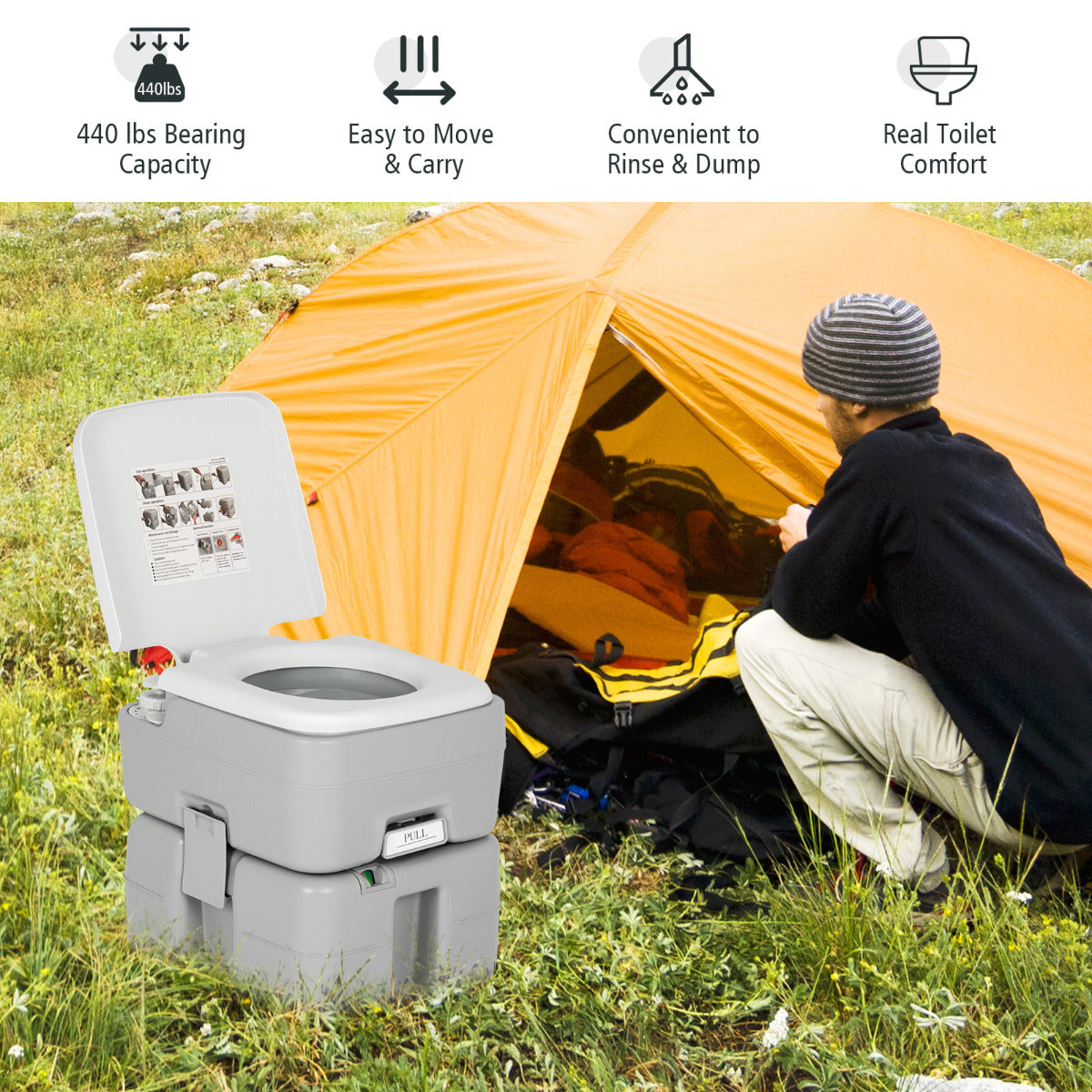 LIVSK Draagbaar Camping Toilet - Uniek Afvoersysteem - 10 L Schoonwatertank - 20 L Afvaltank - Tot 200 kg - Grijs