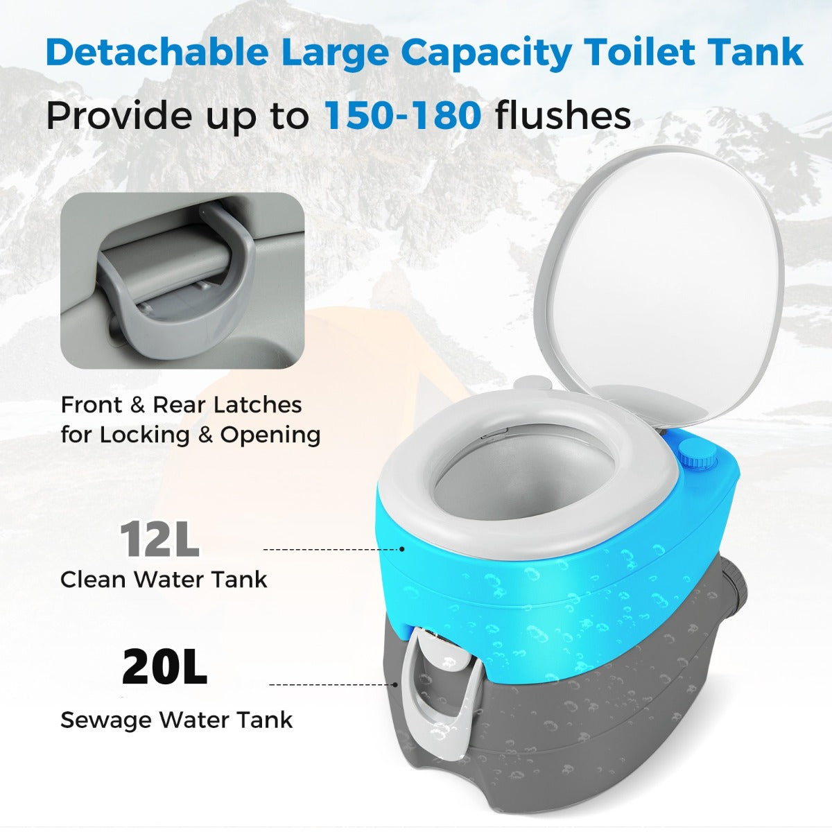 LIVSK Draagbaar Toilet met 20 L Afvalwatertank - Lichtgewicht en Waterdichte Zitting - Voor Kamperen en Boottochten - Grijs