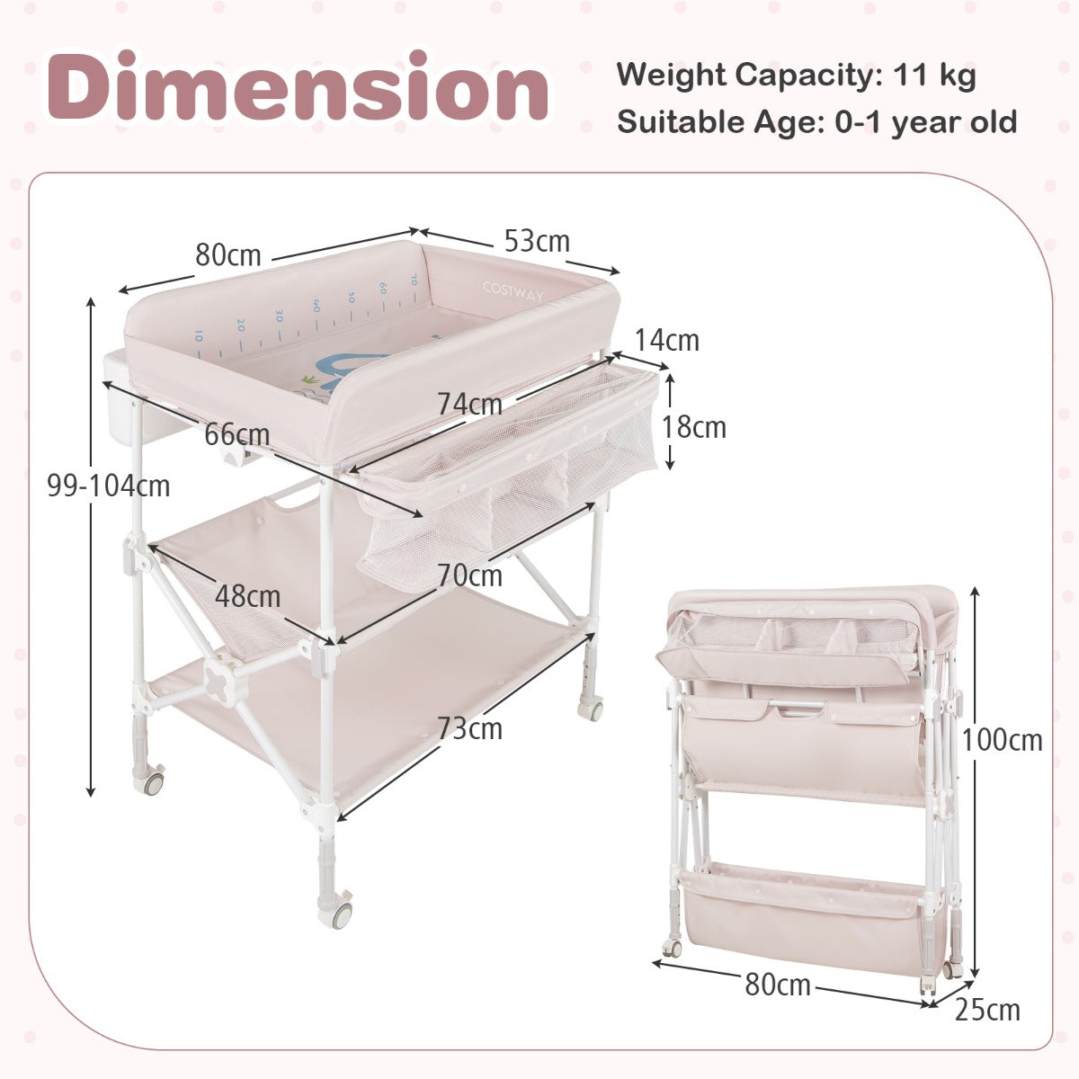 Livsk costway draagbare babyverschoontafel met wieltjes opvouwbaar waterdicht in hoogte verstelbaar met planken en afvalbak beige 2