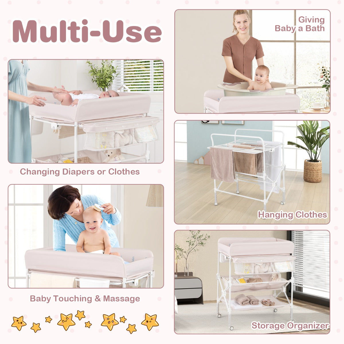 Livsk costway draagbare babyverschoontafel met wieltjes opvouwbaar waterdicht in hoogte verstelbaar met planken en afvalbak beige 4