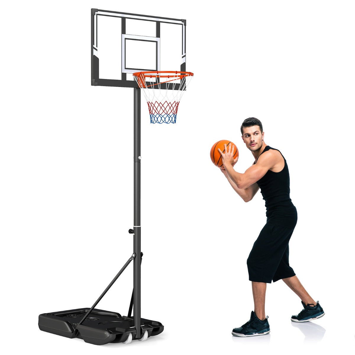 LIVSK Verstelbare Basketbalset - Hoogte 1 tot 3 m - Schokbestendig Bord - Draagbaar met Wielen - Zwart