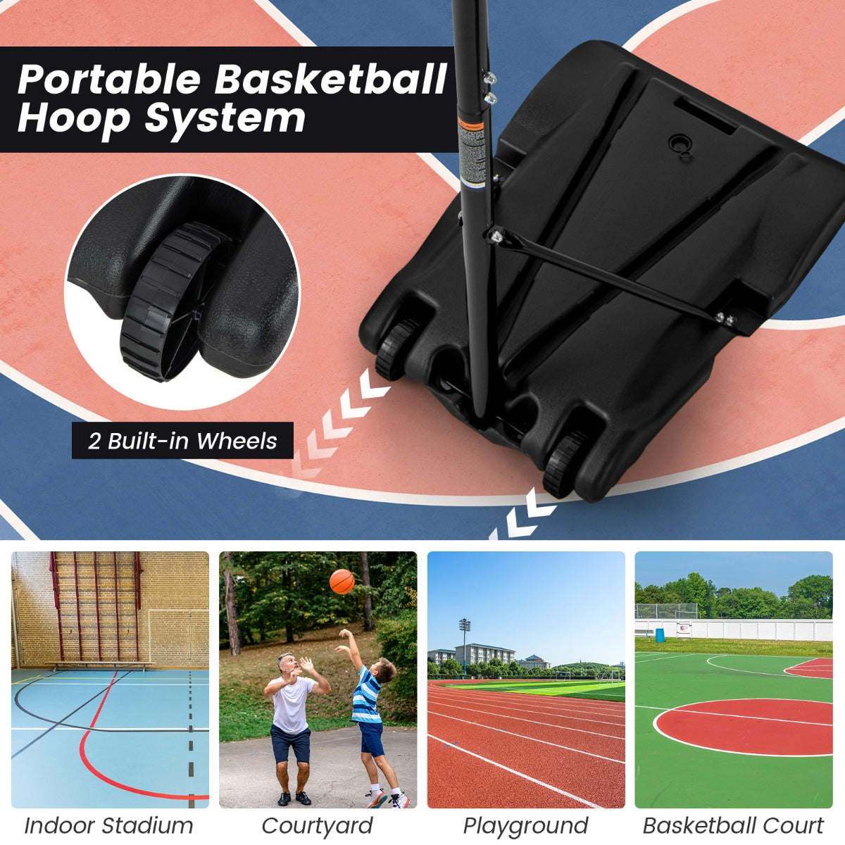 LIVSK Verstelbare Basketbalstandaard - Hoogte 260-305 cm - Robuuste Metalen Rand - Mobiel met 2 Wielen - Zwart